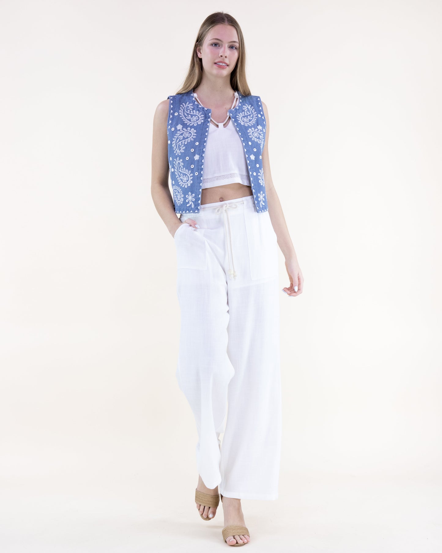 Chambray Paisley Embroidered Round Neck Open Front Vest