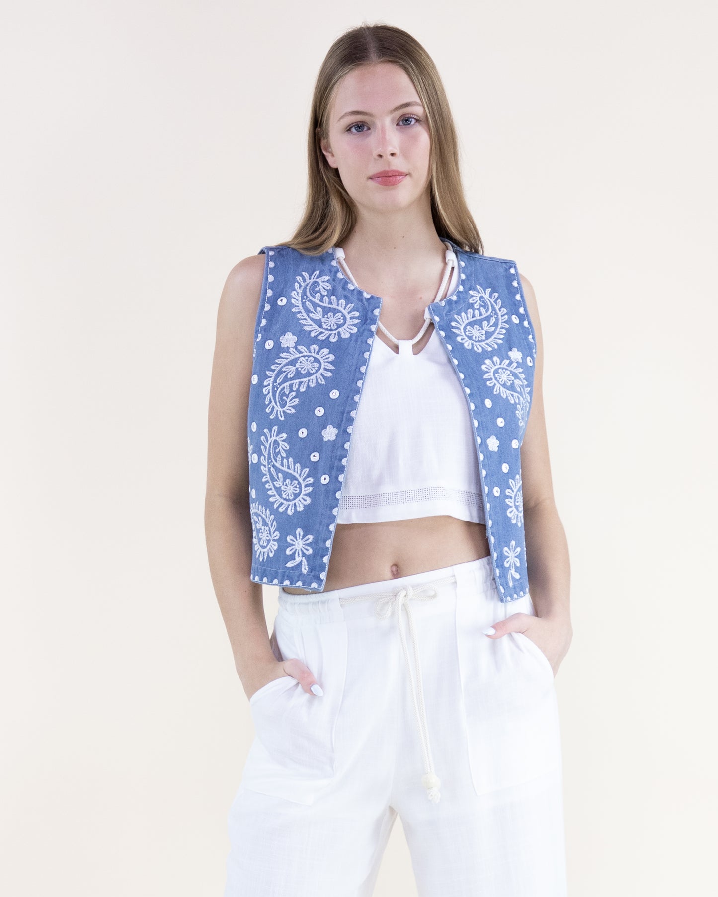 Chambray Paisley Embroidered Round Neck Open Front Vest