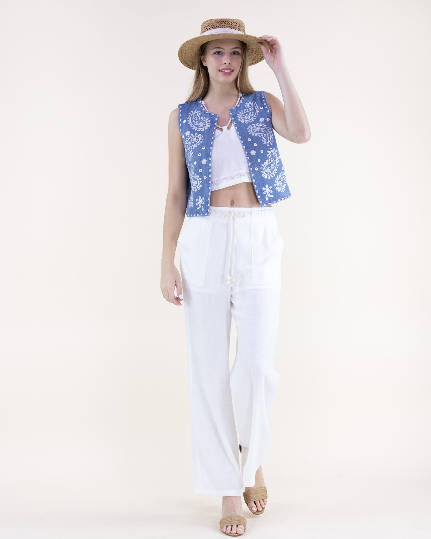 Chambray Paisley Embroidered Round Neck Open Front Vest