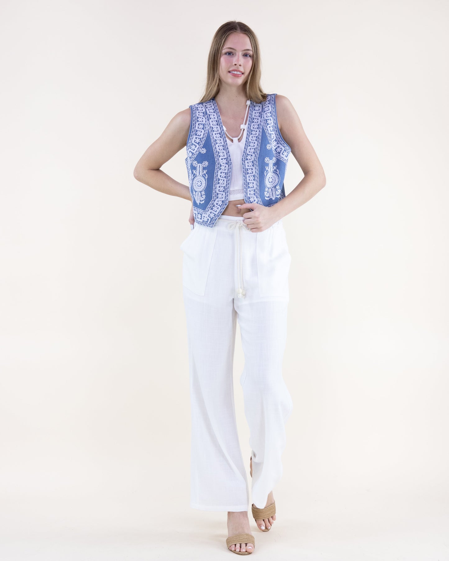 Chambray Embroidered Border V-Neck Open Front Vest
