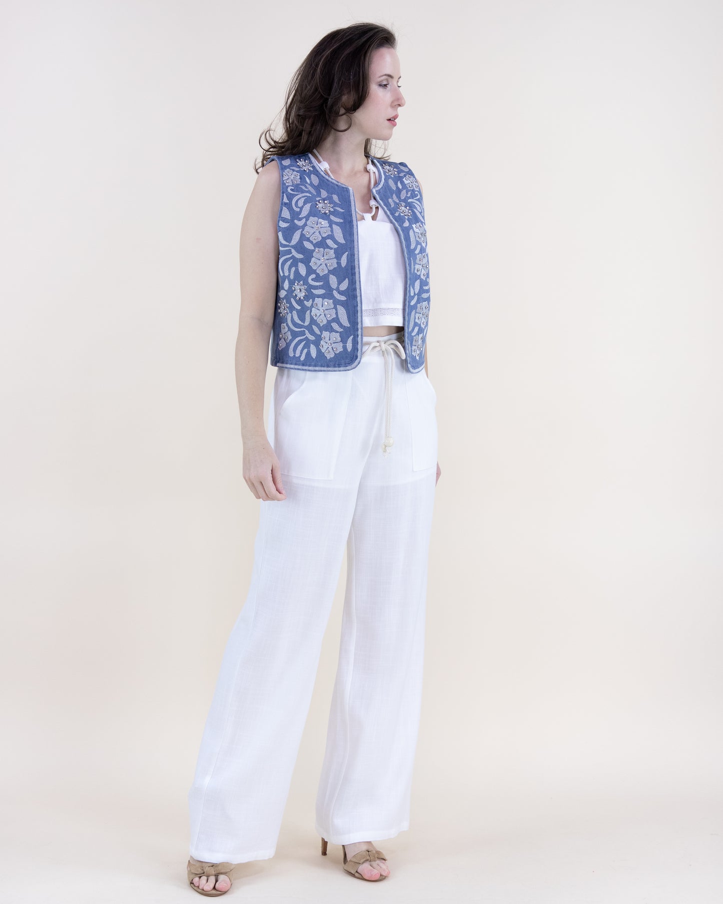 Chambray Floral Petals Embroidered Round Neck Open Front Vest