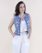 Chambray Floral Petals Embroidered Round Neck Open Front Vest