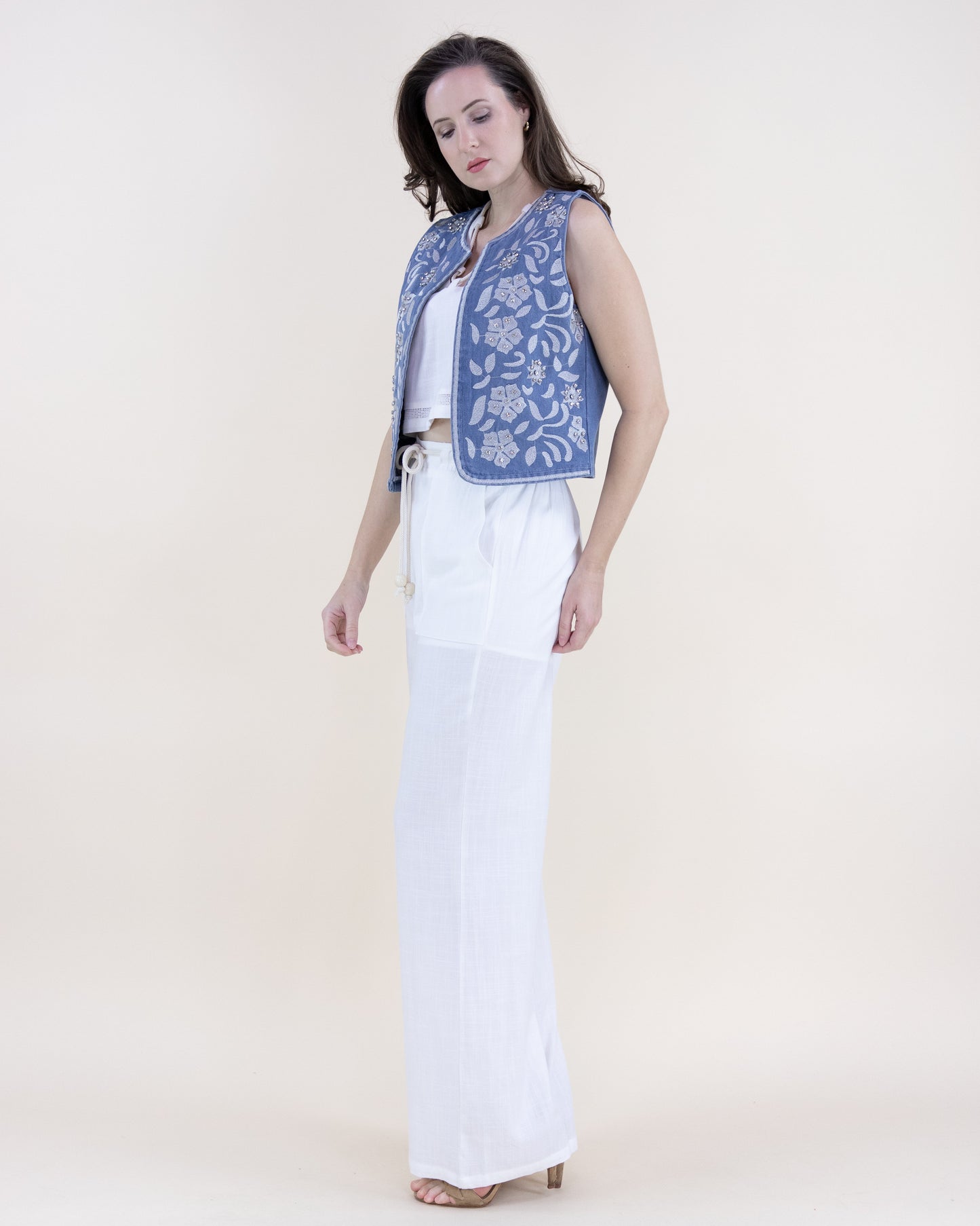 Chambray Floral Petals Embroidered Round Neck Open Front Vest