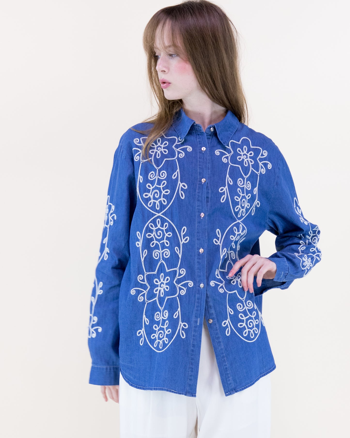 Barnwood Vine Embroidered Chambray Cotton Button Up Shirt