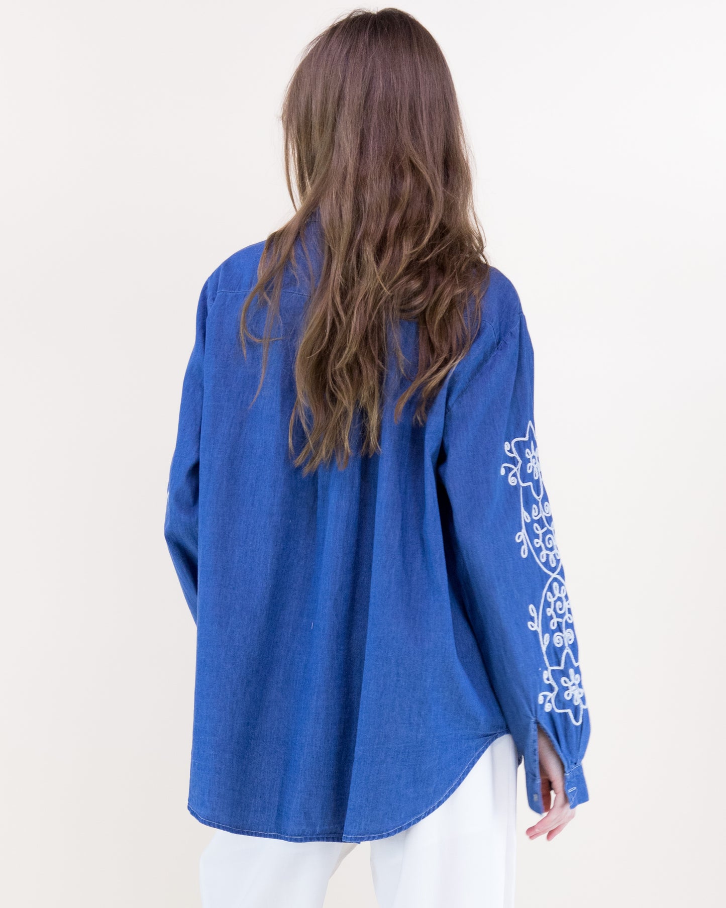 Barnwood Vine Embroidered Chambray Cotton Button Up Shirt