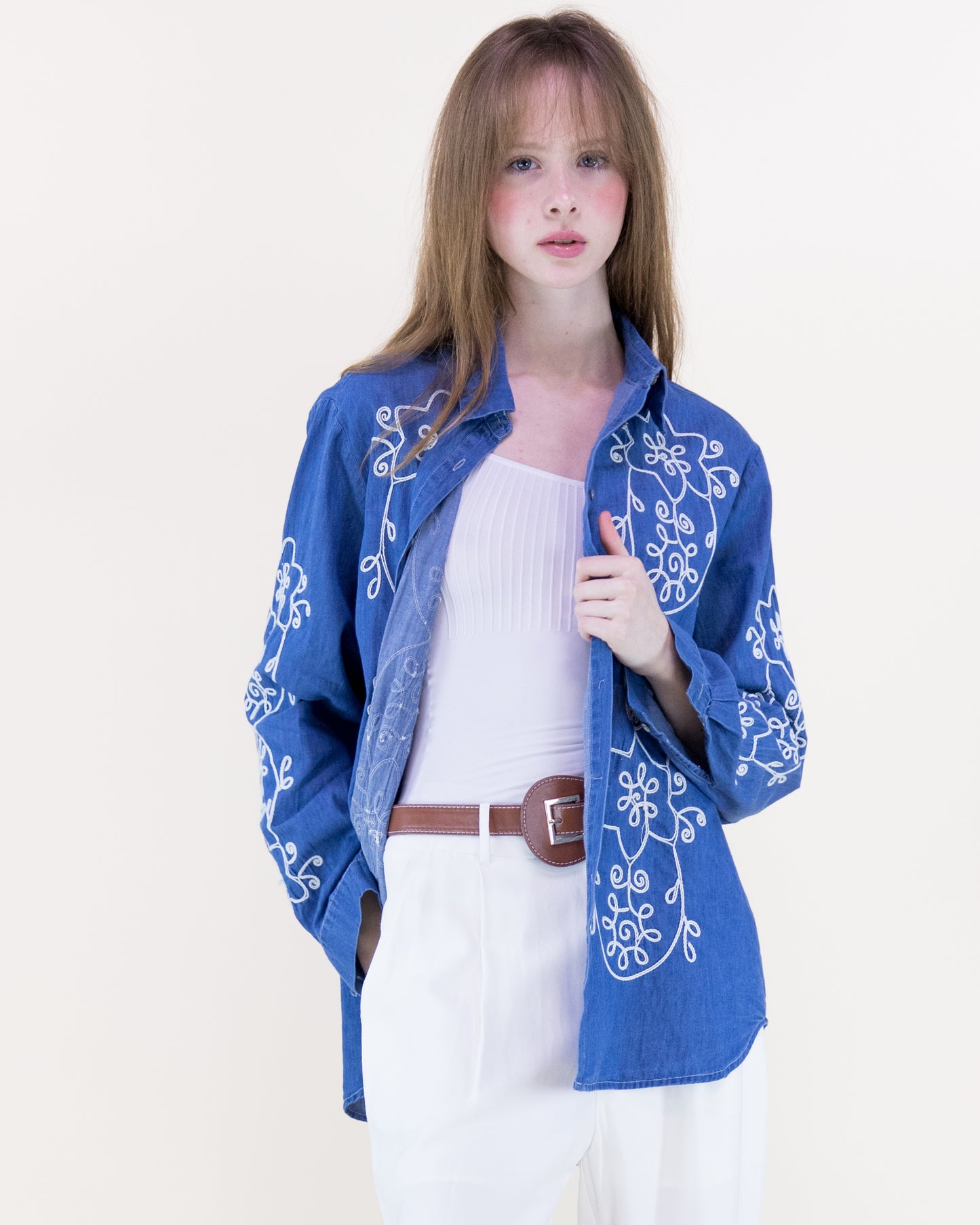 Barnwood Vine Embroidered Chambray Cotton Button Up Shirt