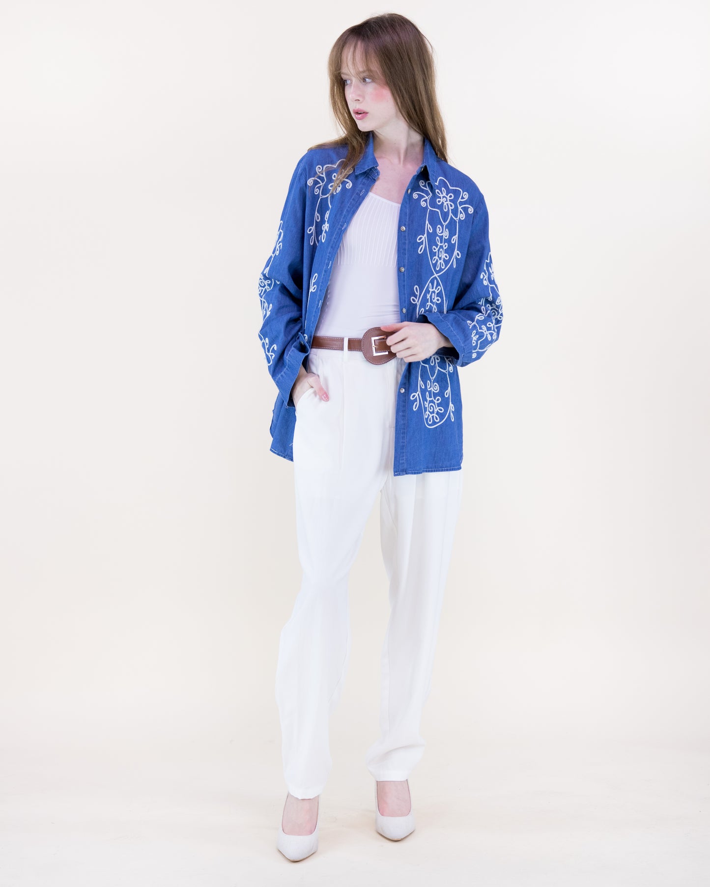 Barnwood Vine Embroidered Chambray Cotton Button Up Shirt
