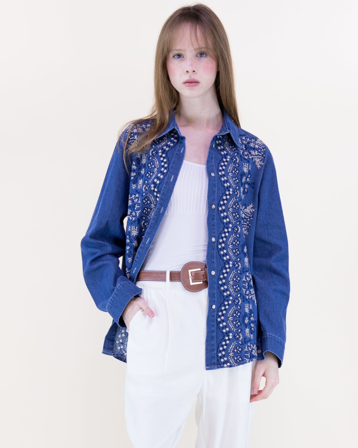 Bluebonnet Embroidered Chambray Cotton Button Up Shirt