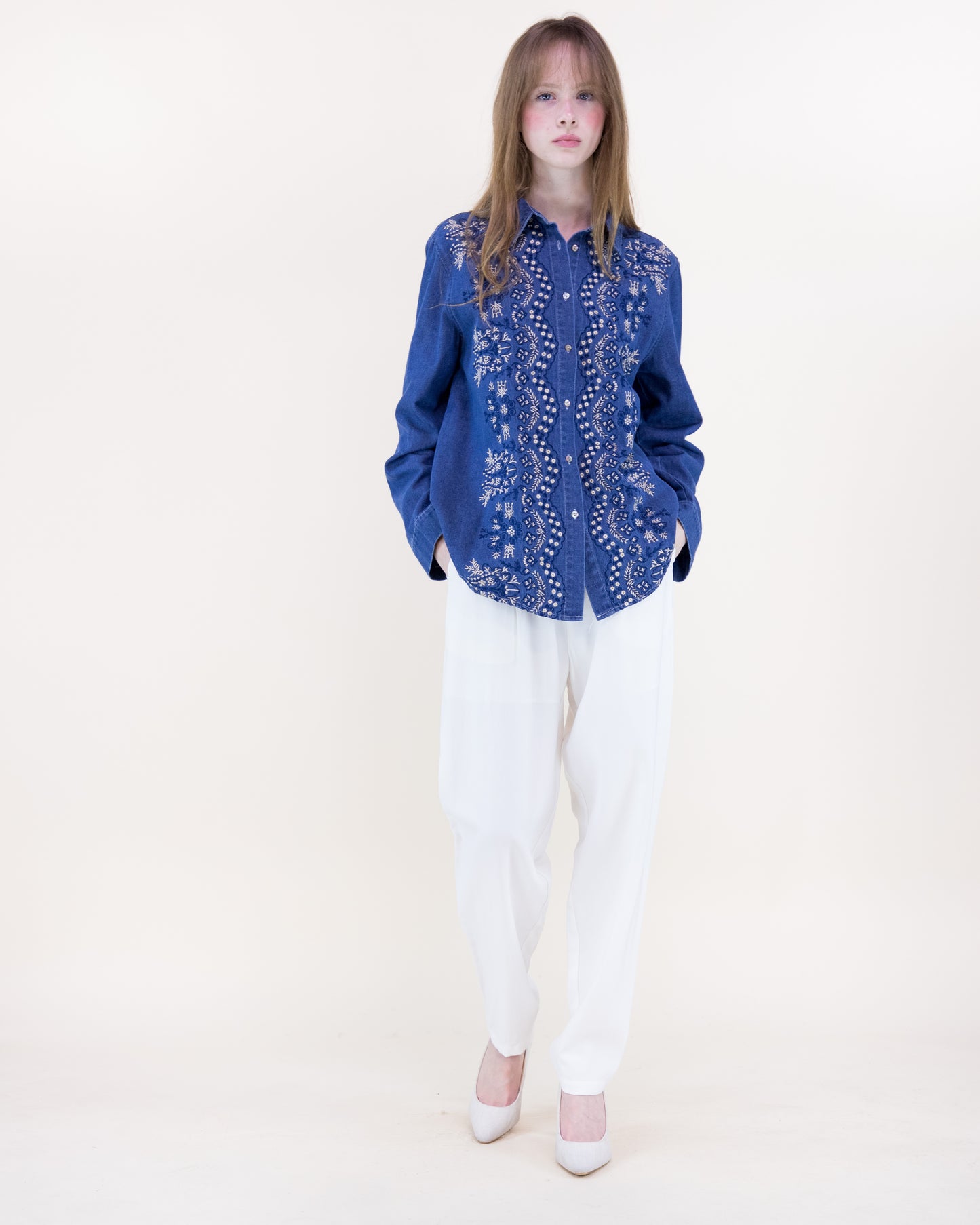 Bluebonnet Embroidered Chambray Cotton Button Up Shirt