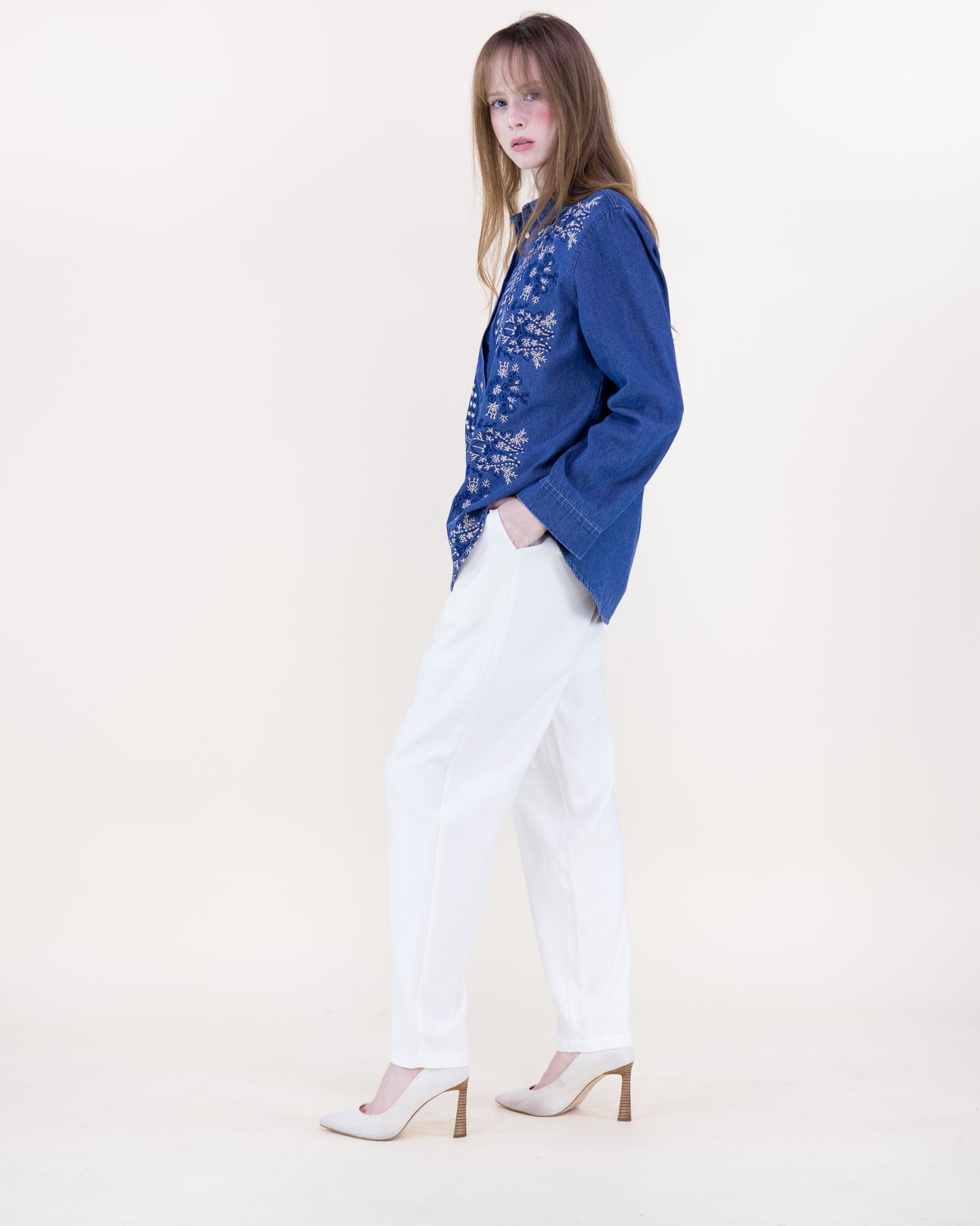 Bluebonnet Embroidered Chambray Cotton Button Up Shirt