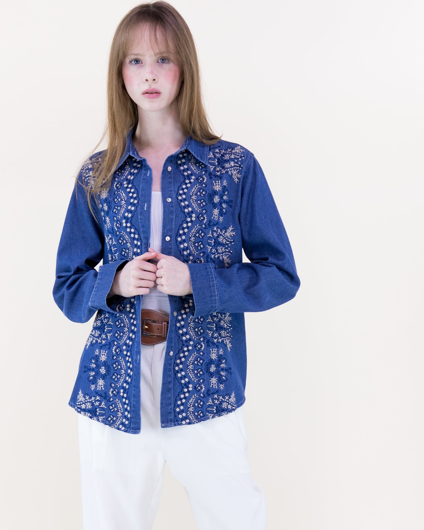 Bluebonnet Embroidered Chambray Cotton Button Up Shirt