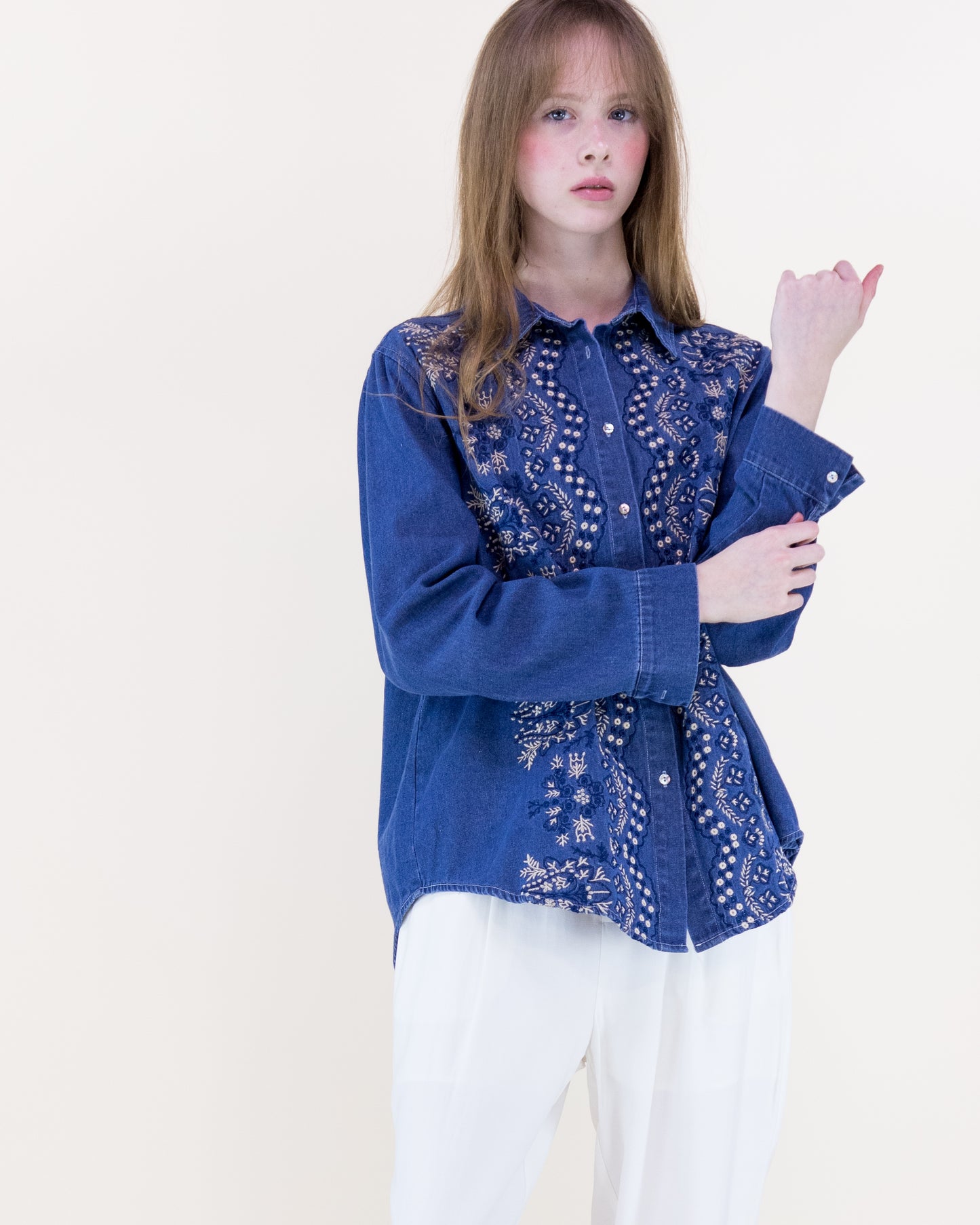 Bluebonnet Embroidered Chambray Cotton Button Up Shirt
