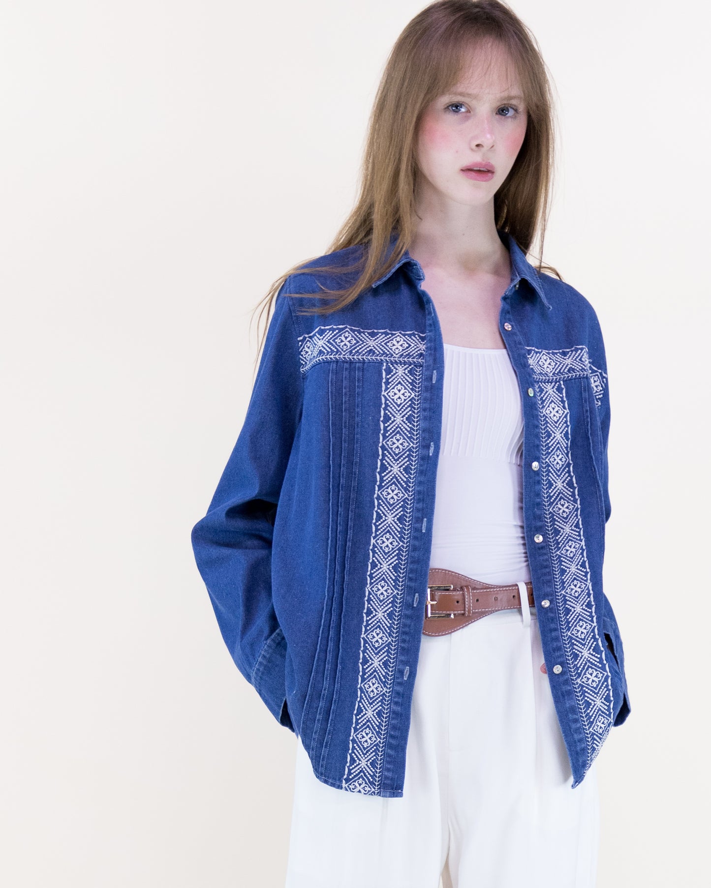 Folk Crosstitch Embroidered Chambray Cotton Button Up Shirt