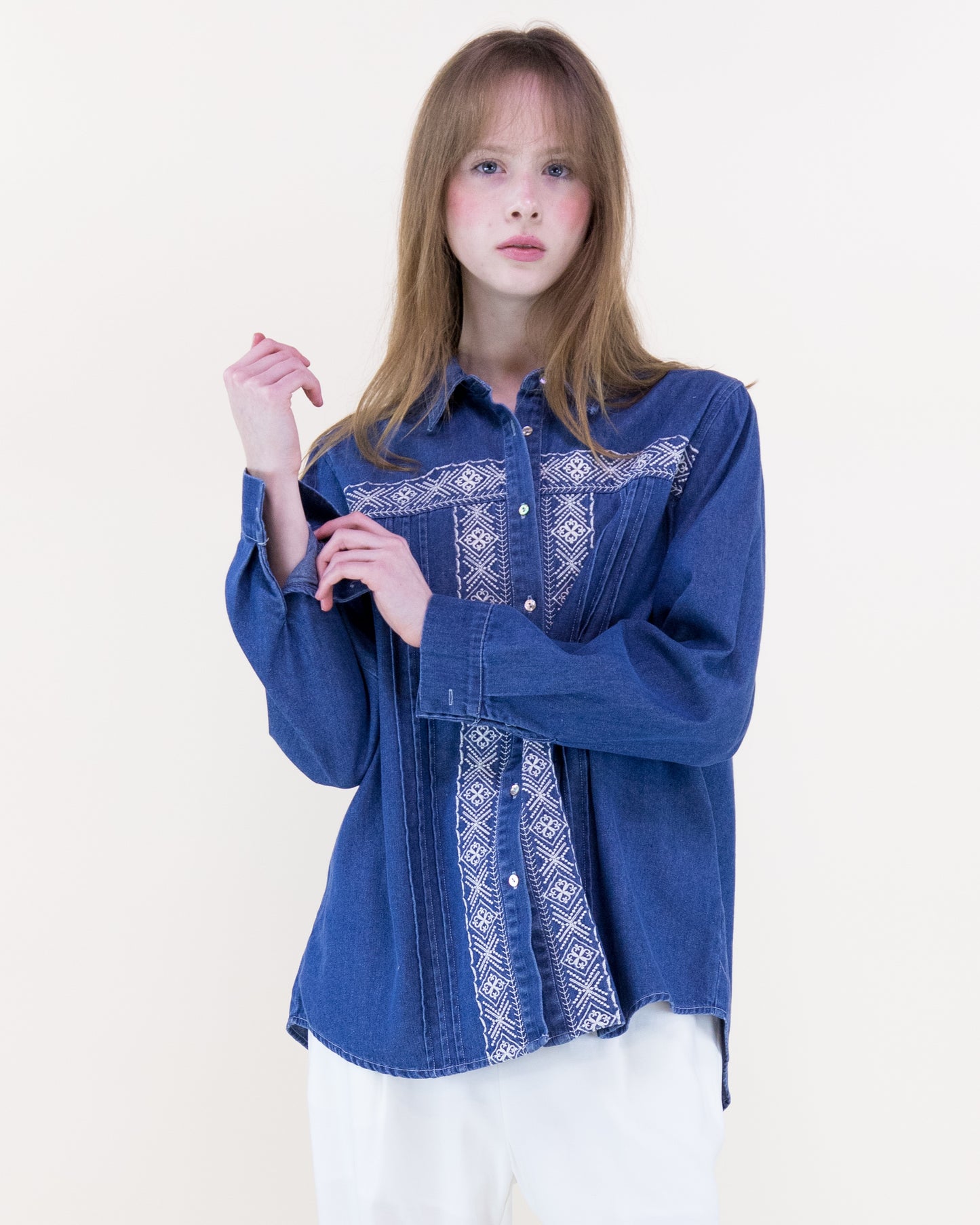 Folk Crosstitch Embroidered Chambray Cotton Button Up Shirt