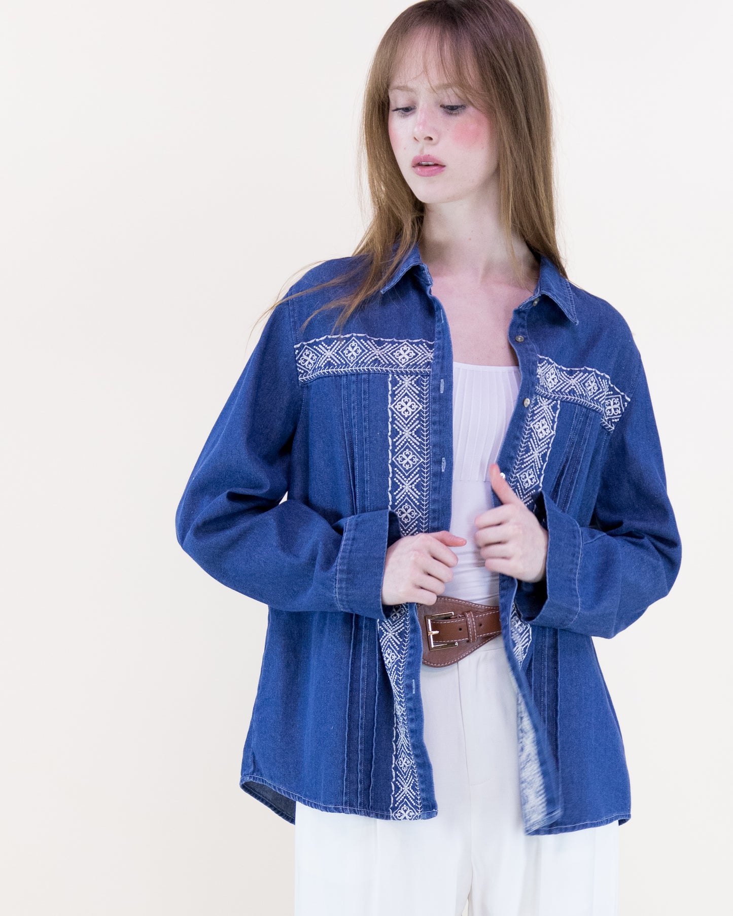 Folk Crosstitch Embroidered Chambray Cotton Button Up Shirt