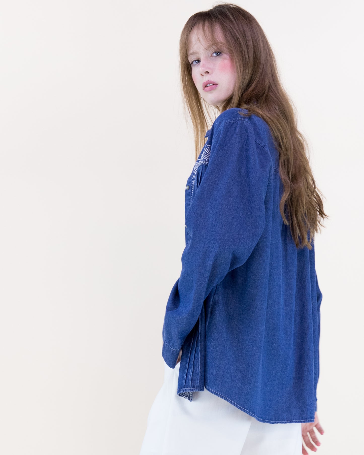 Folk Crosstitch Embroidered Chambray Cotton Button Up Shirt