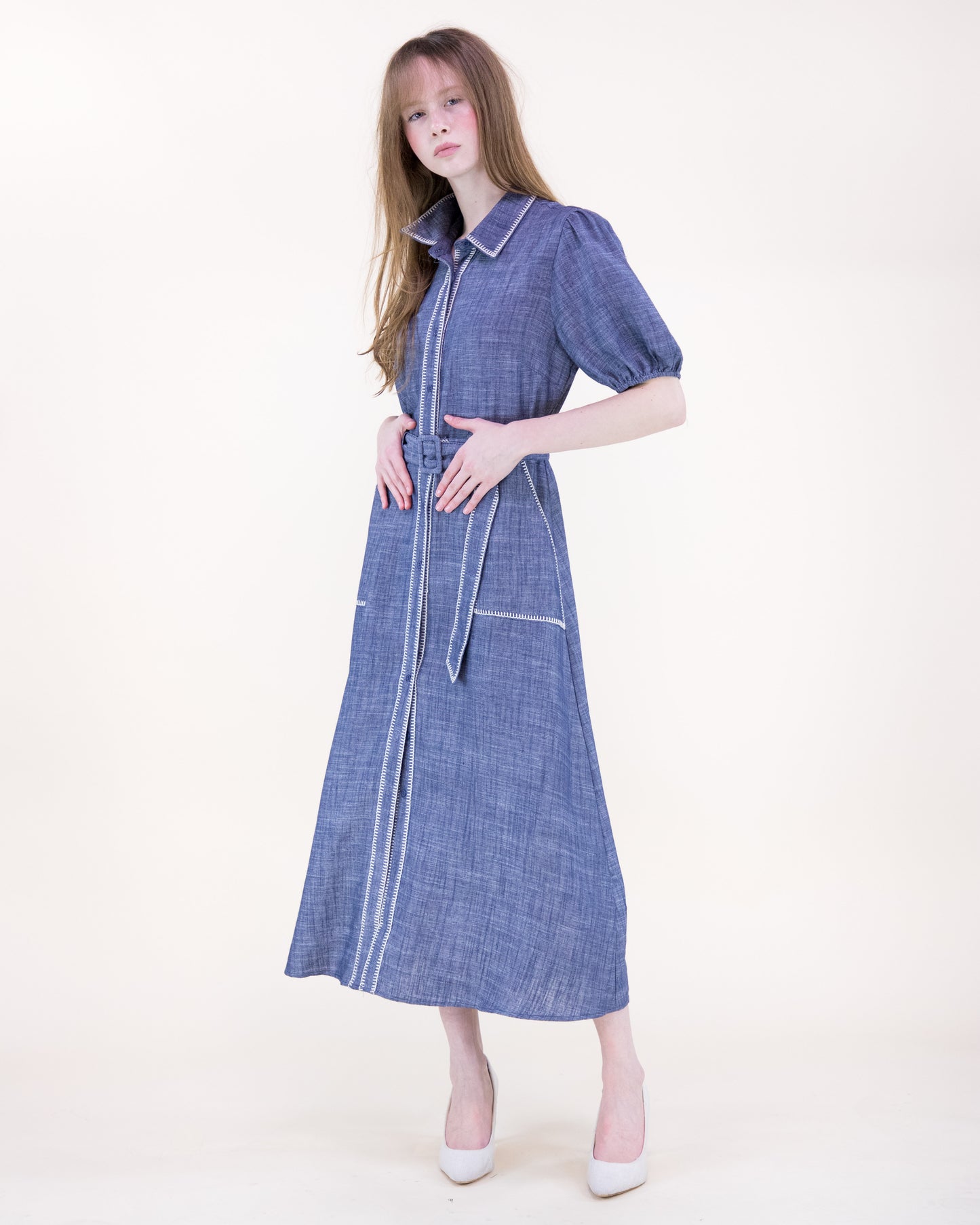 Contrast Stitch Chambray Maxi Shirt Dress