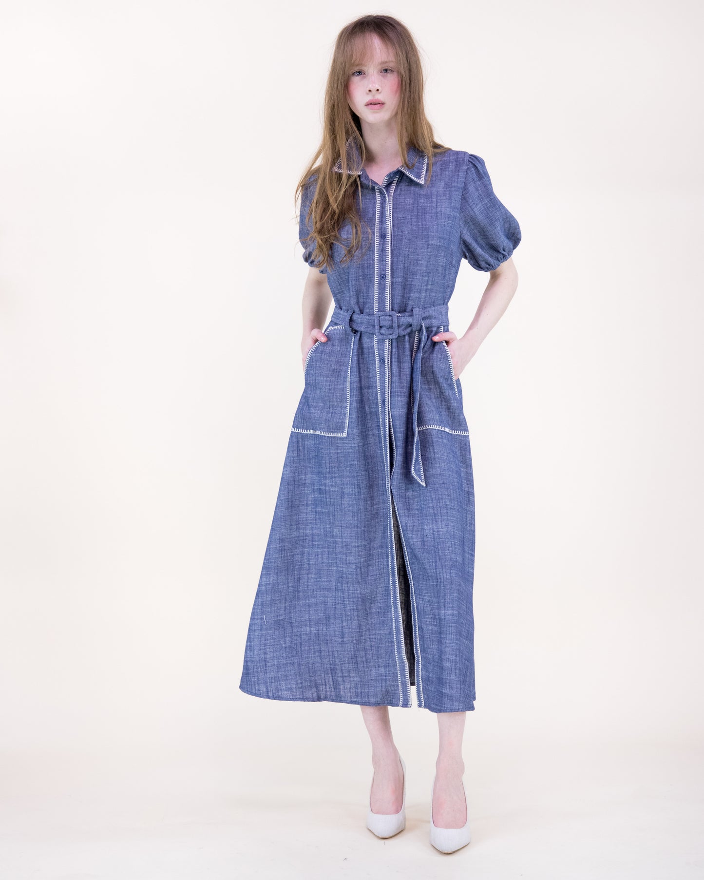 Contrast Stitch Chambray Maxi Shirt Dress