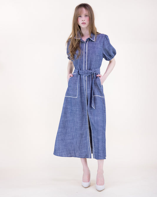Contrast Stitch Chambray Maxi Shirt Dress