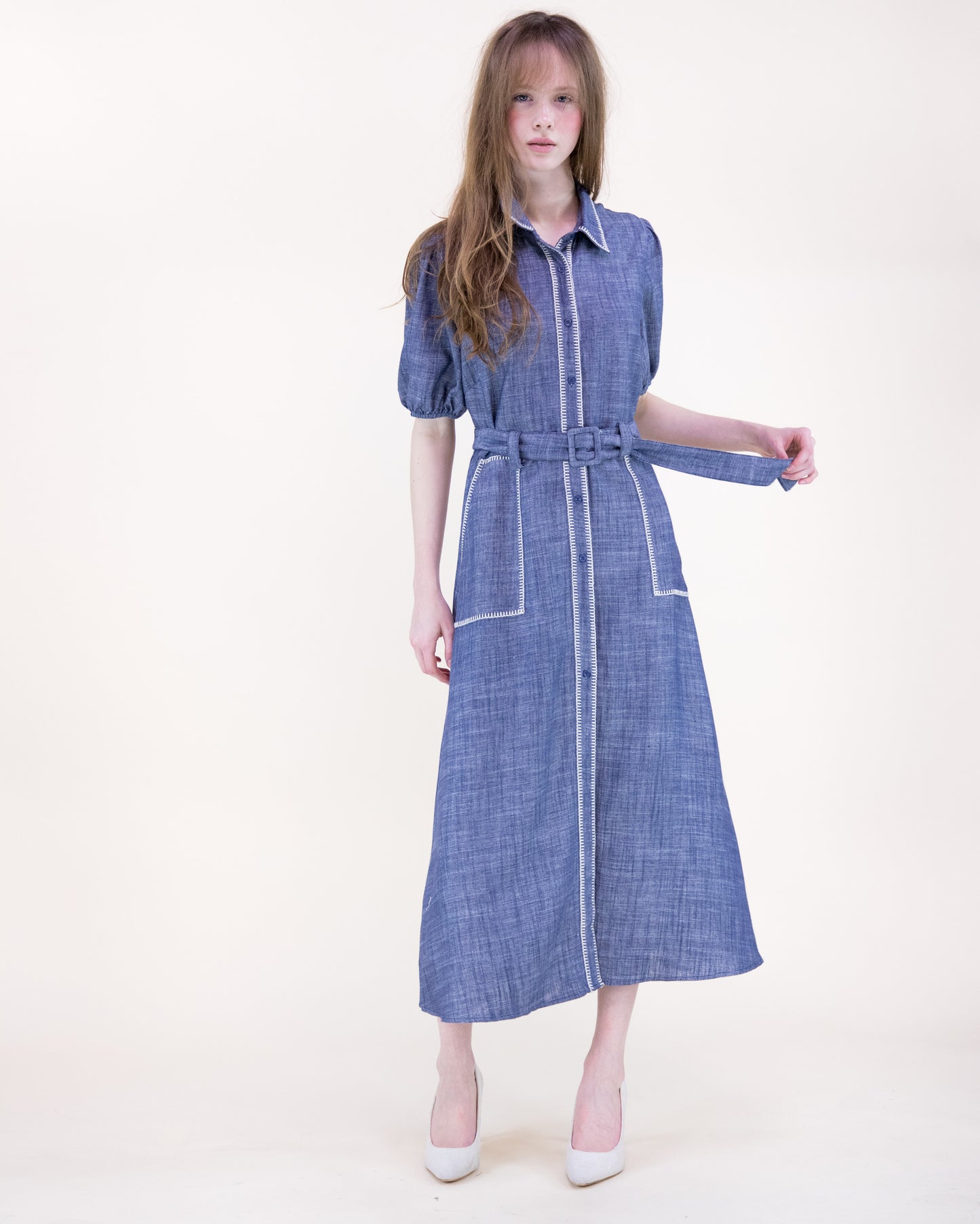 Contrast Stitch Chambray Maxi Shirt Dress
