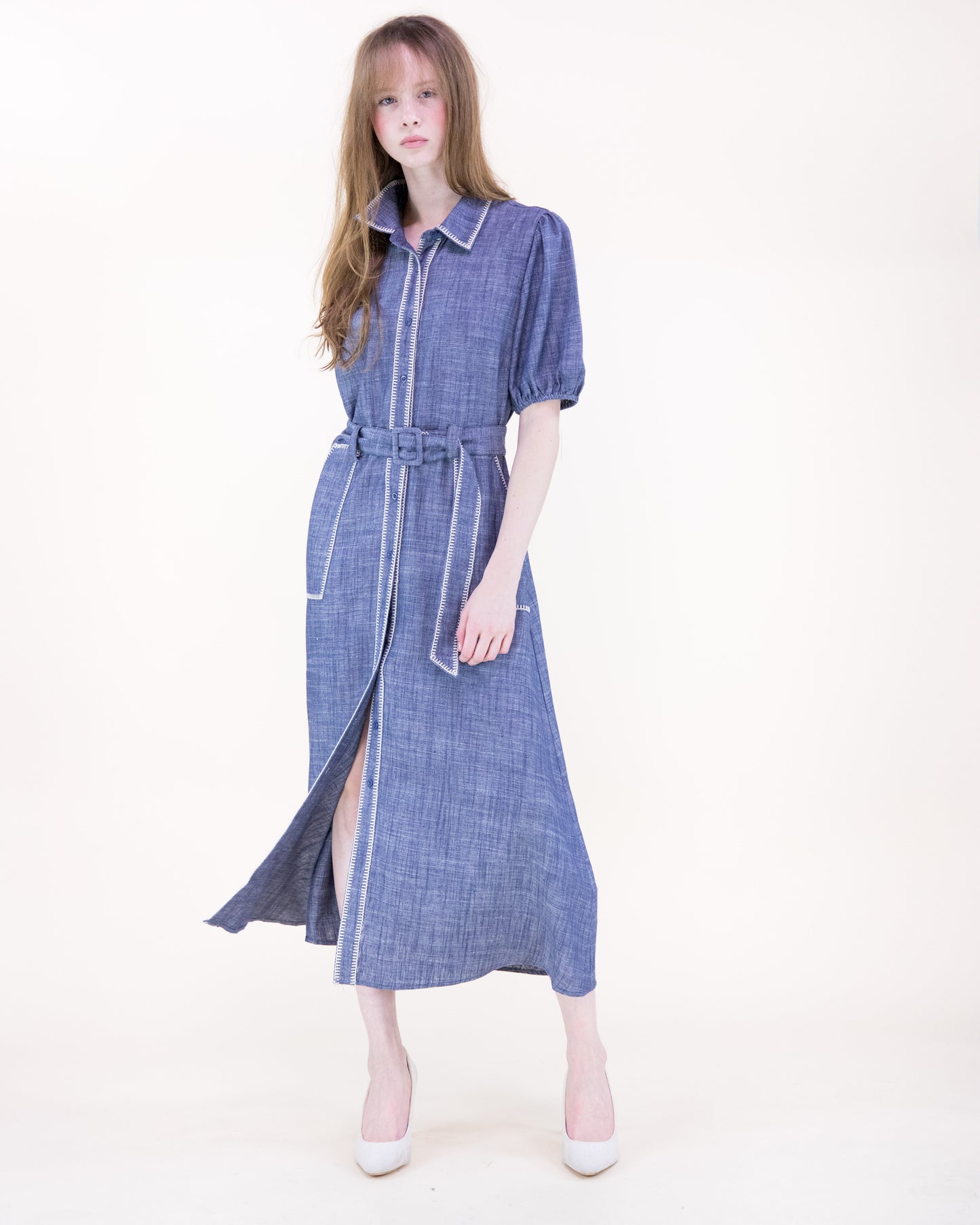 Contrast Stitch Chambray Maxi Shirt Dress
