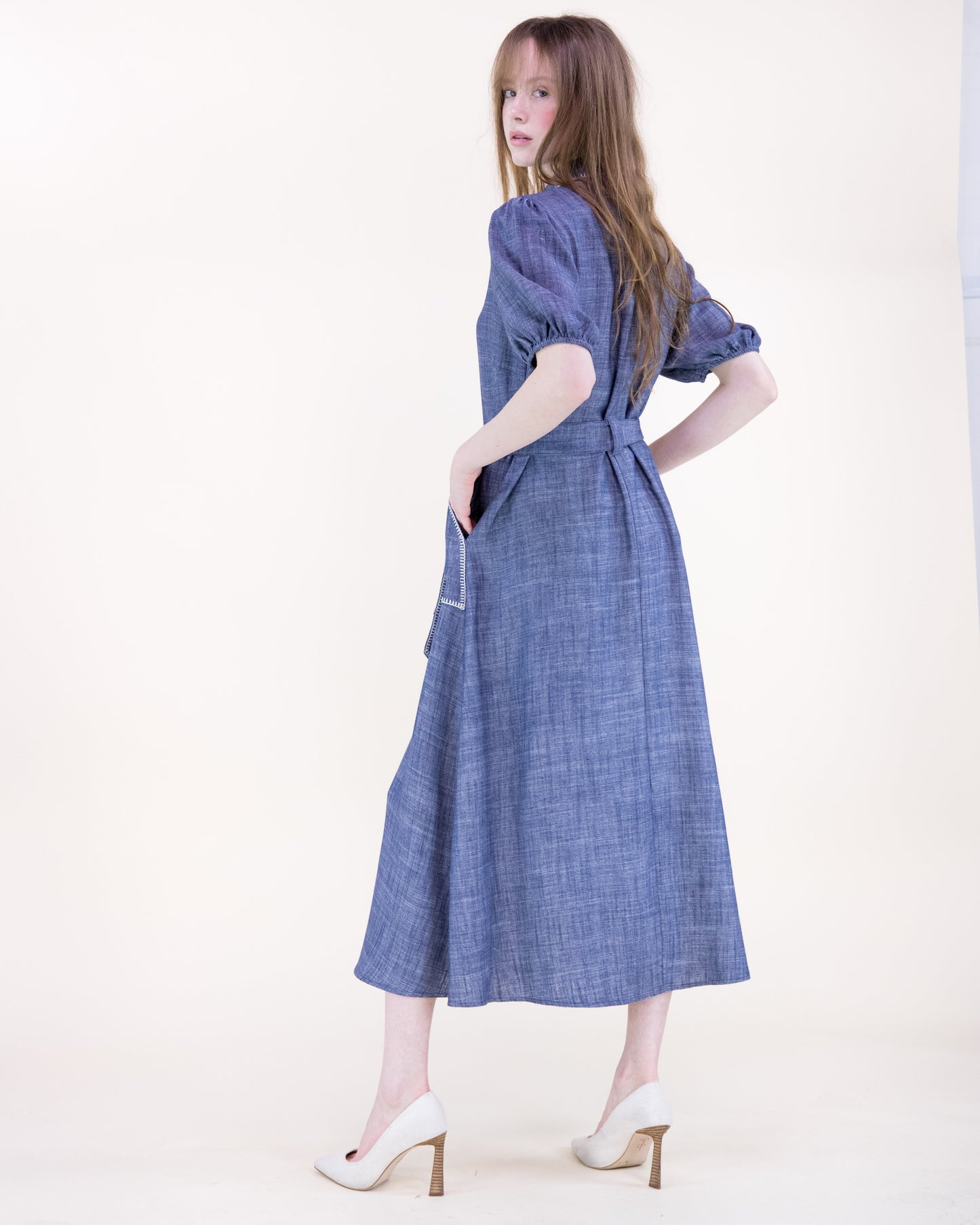 Contrast Stitch Chambray Maxi Shirt Dress
