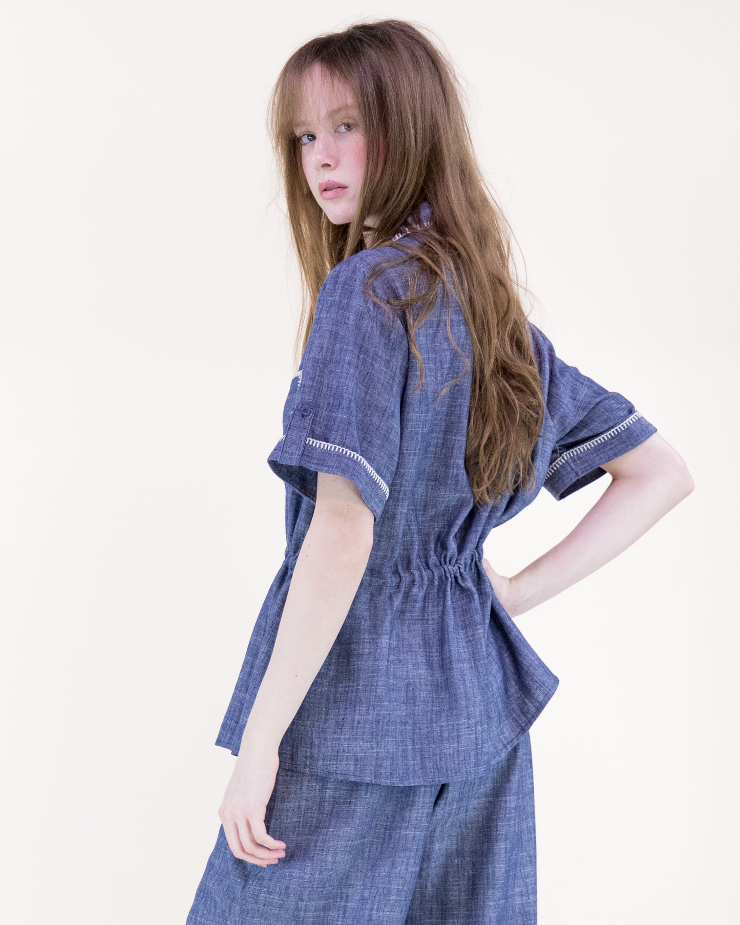Contrast Stitch Chambray Peplum Shirt