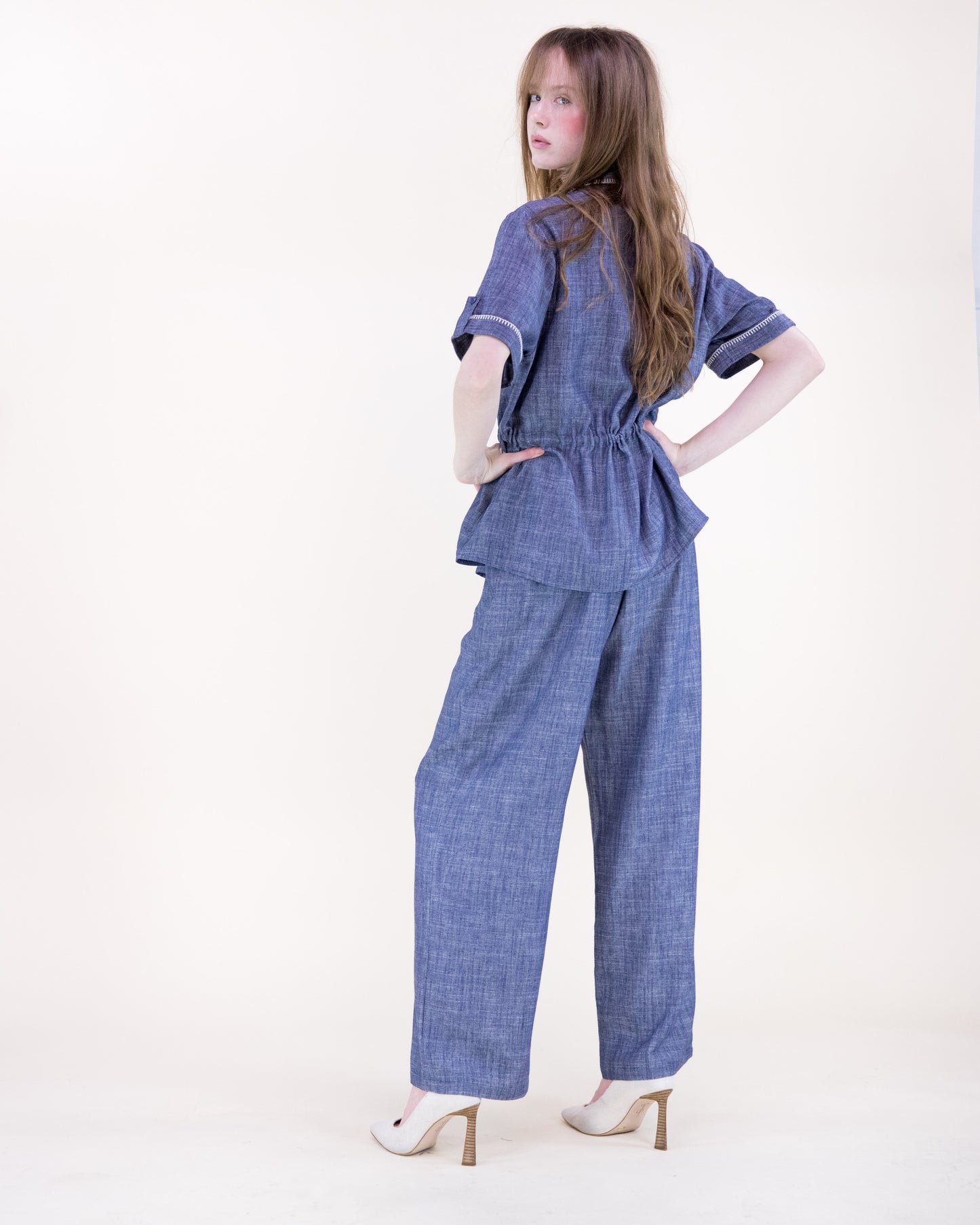 Contrast Stitch Chambray Peplum Shirt