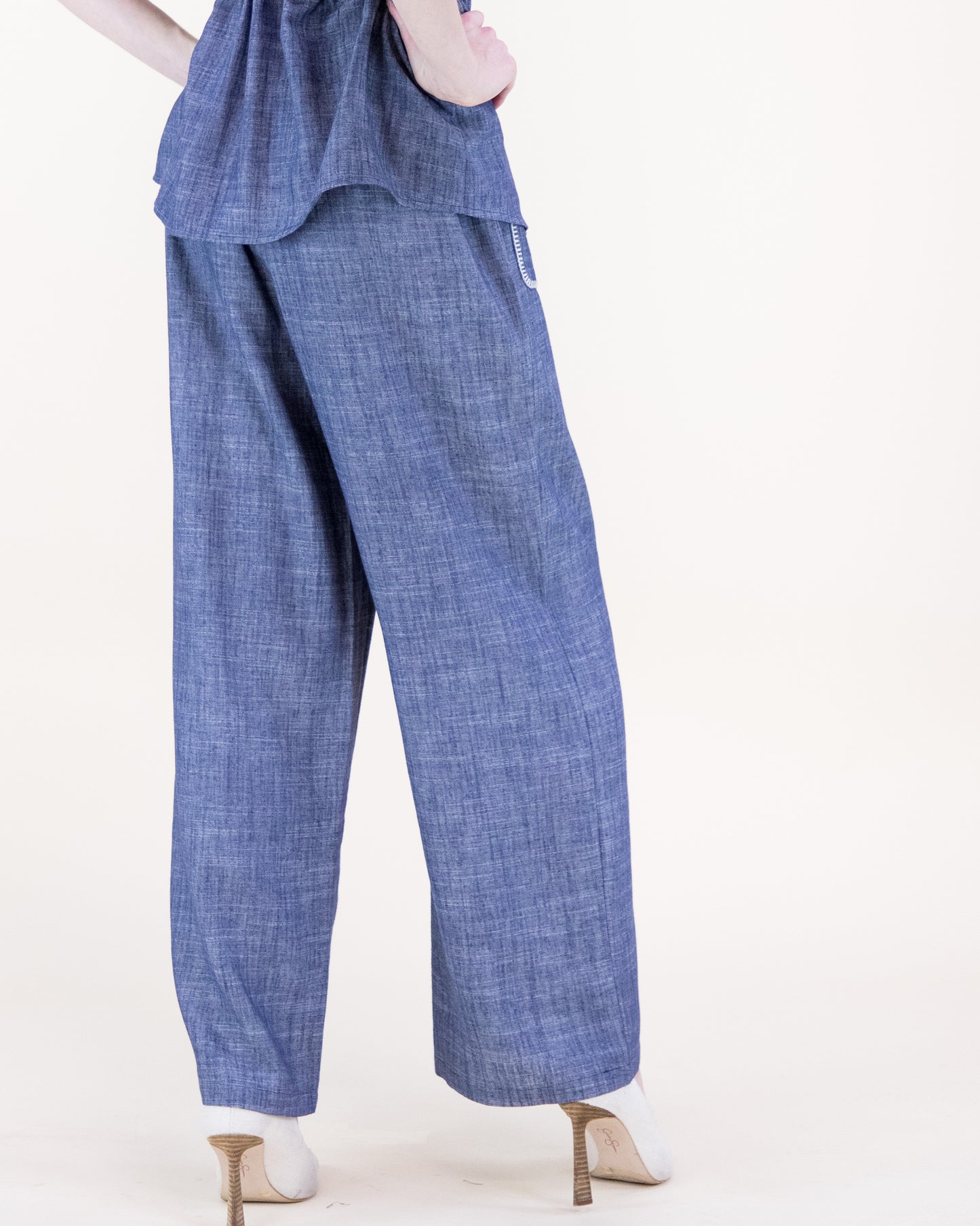 Contrast Stitch Chambray Wide Leg Trousers