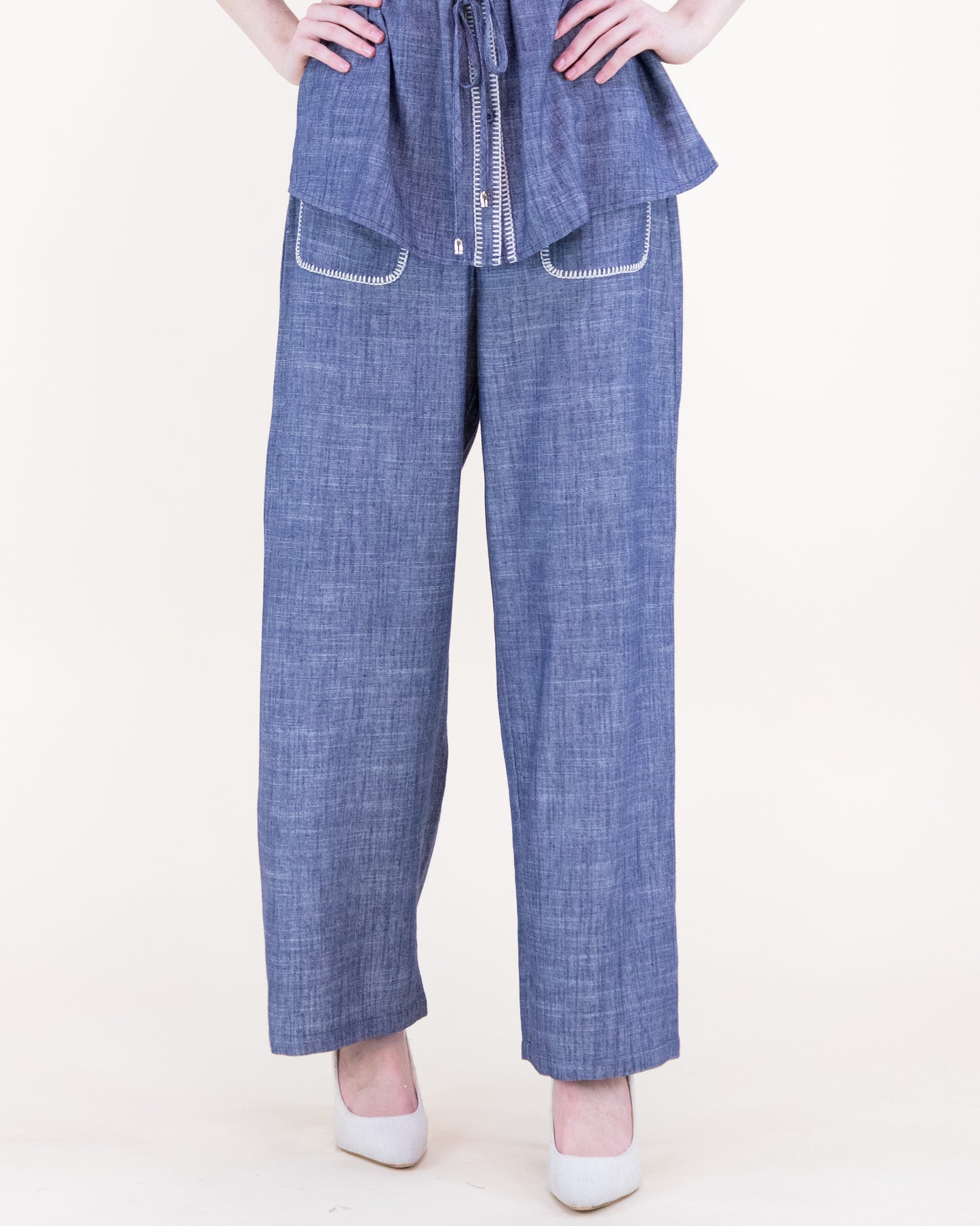 Contrast Stitch Chambray Wide Leg Trousers