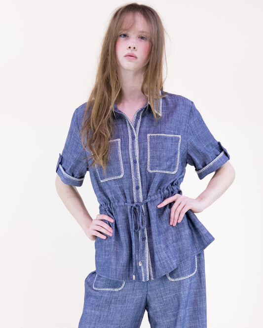 Contrast Stitch Chambray Peplum Shirt