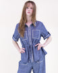 Contrast Stitch Chambray Peplum Shirt