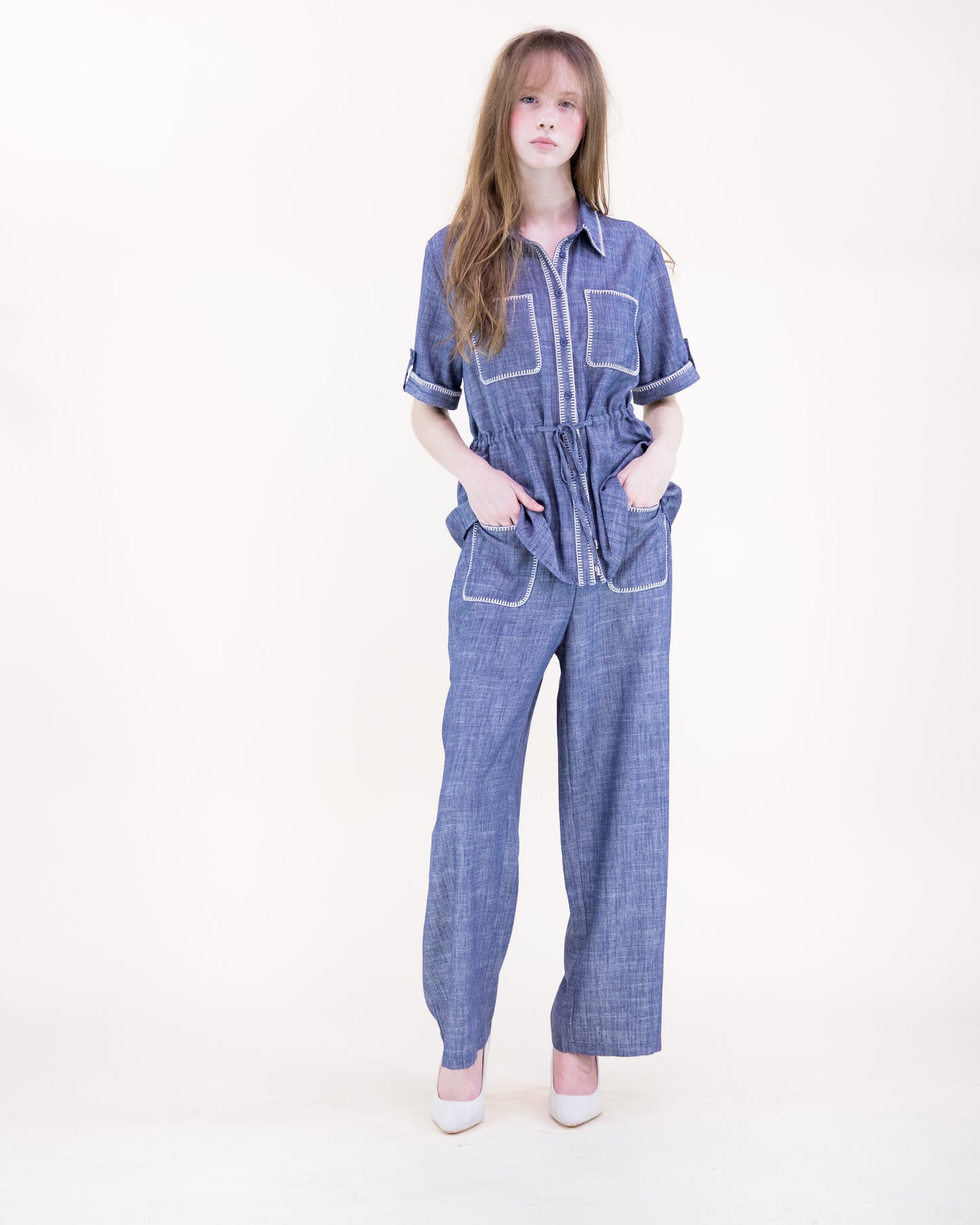 Contrast Stitch Chambray Peplum Shirt