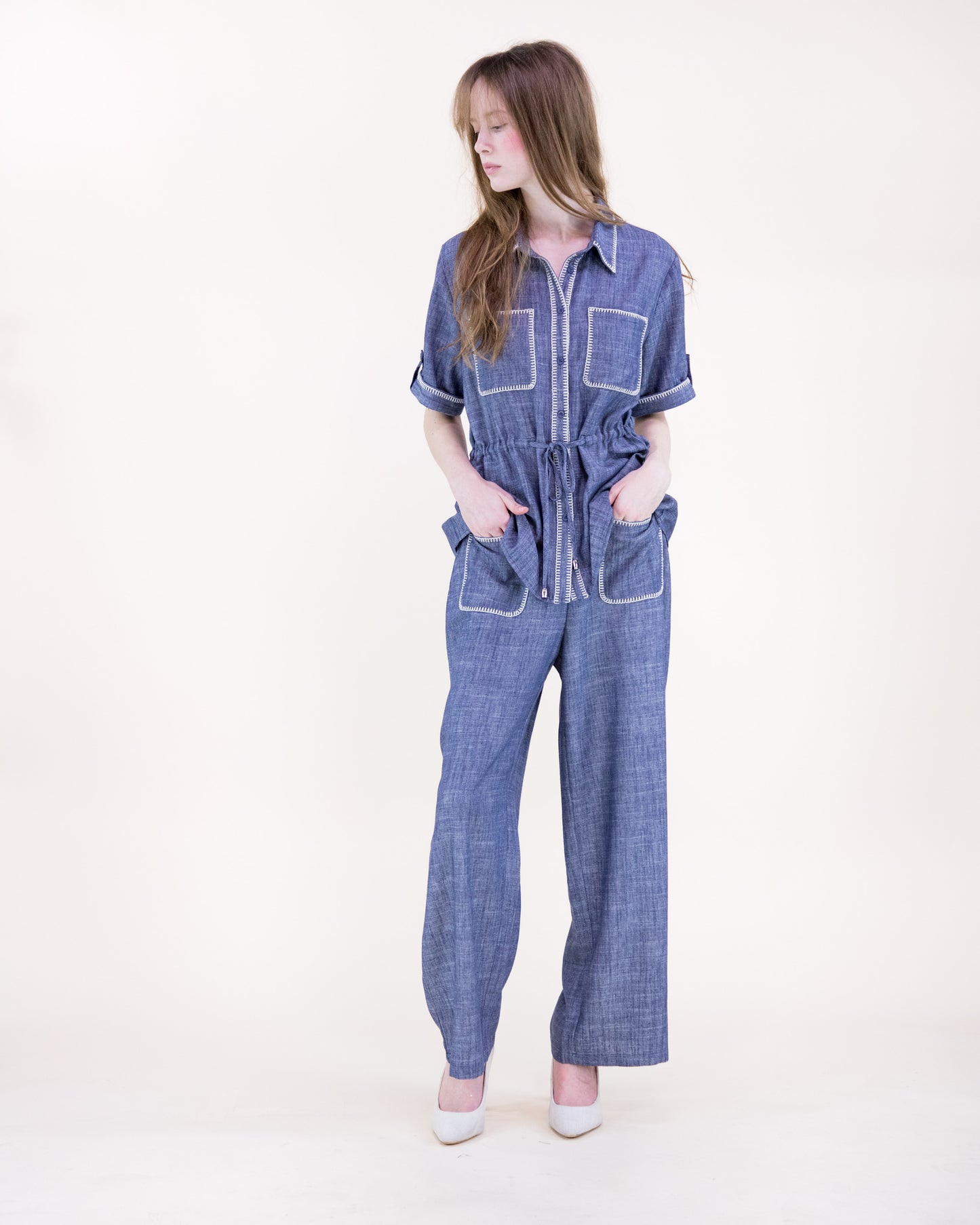 Contrast Stitch Chambray Wide Leg Trousers