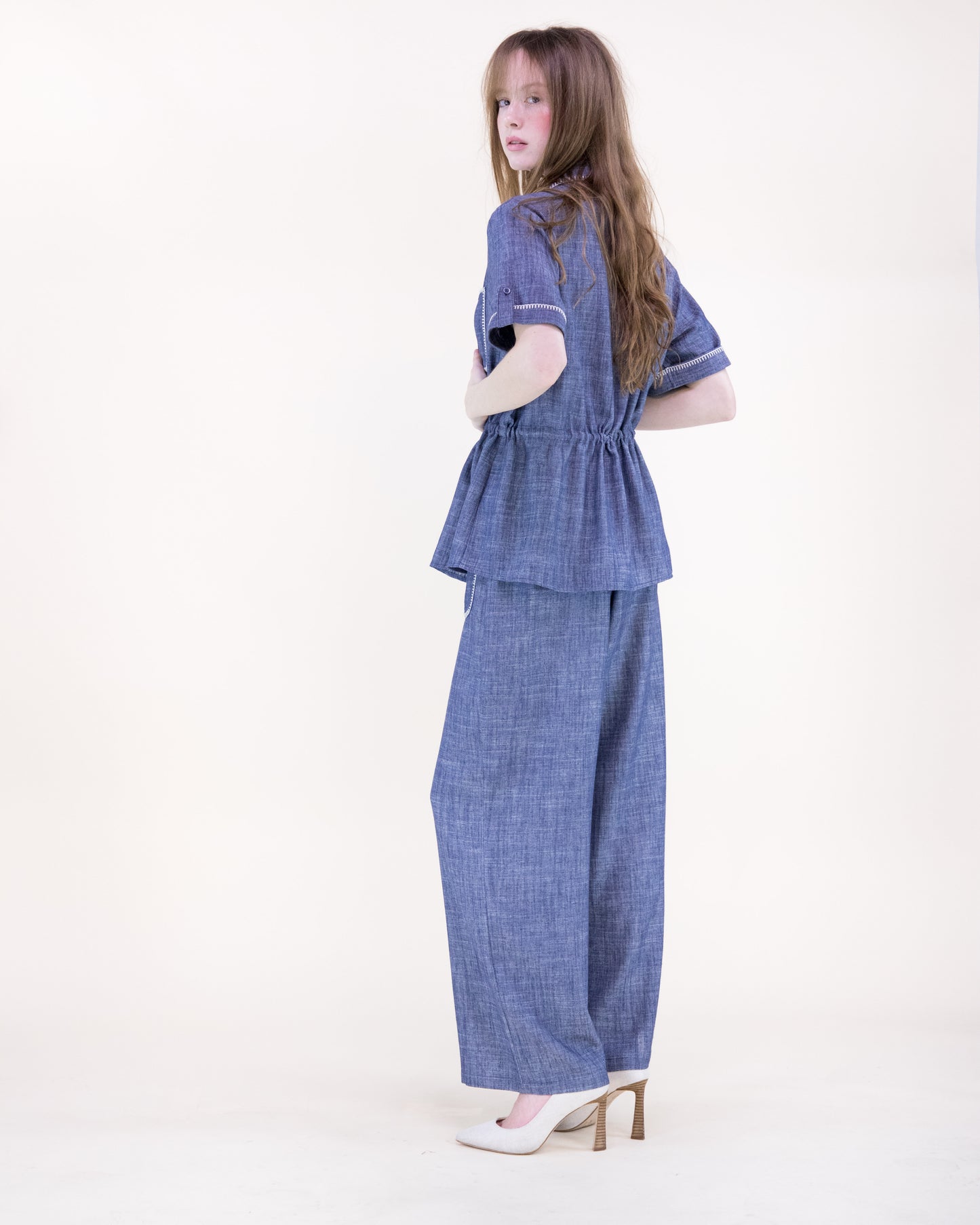 Contrast Stitch Chambray Wide Leg Trousers