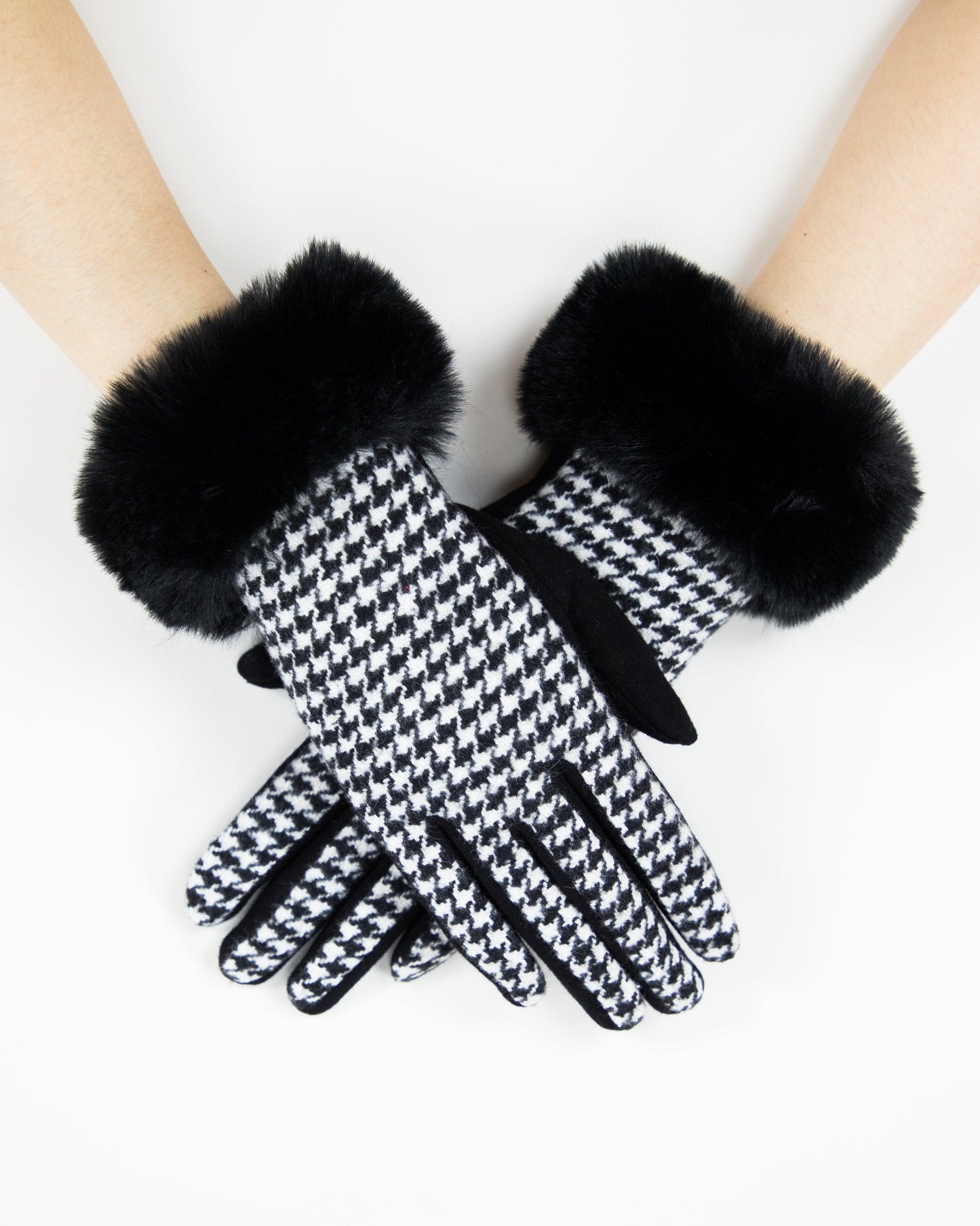 Faux Fur Cuff Mini Houndstooth Gloves (TS)