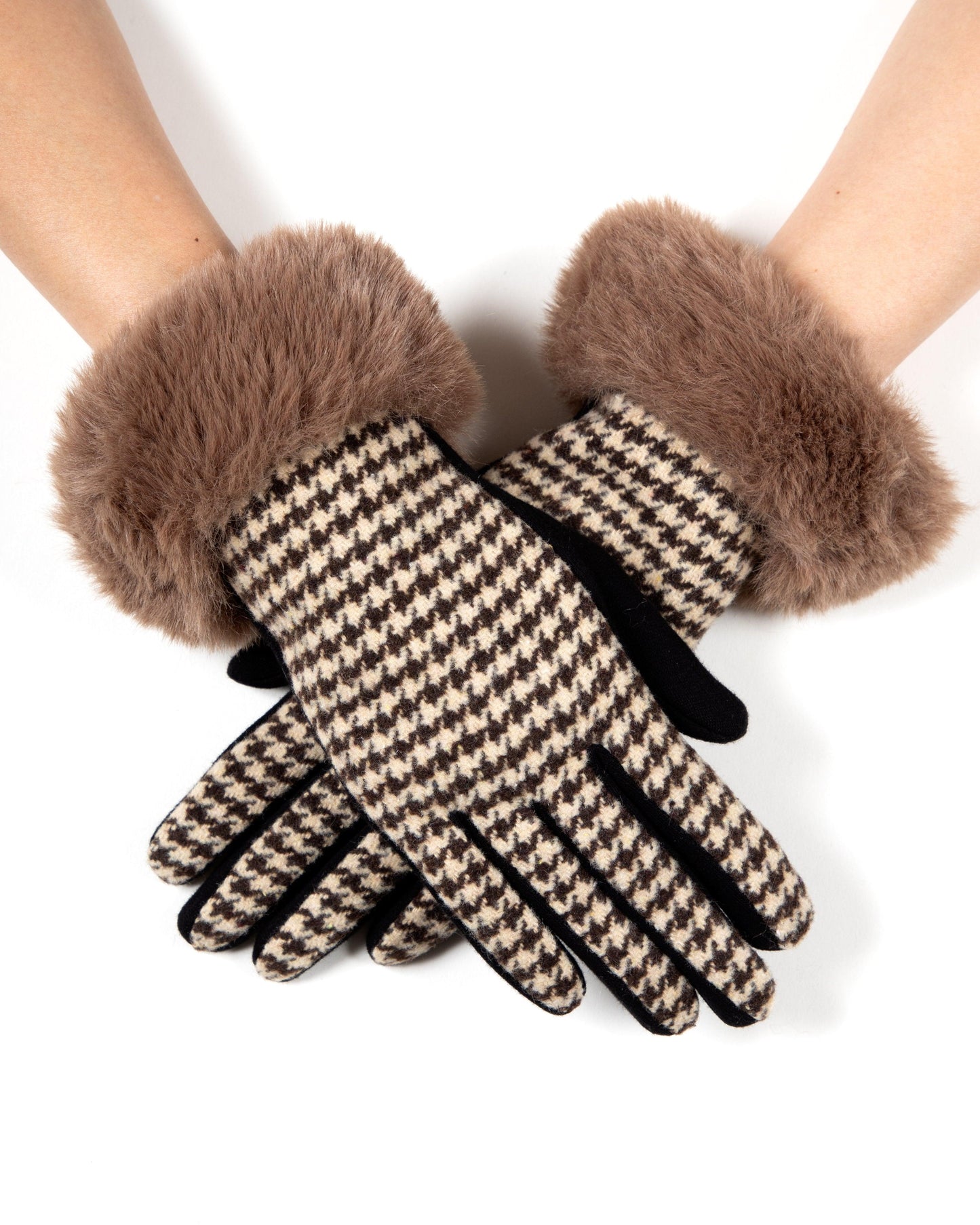 Faux Fur Cuff Mini Houndstooth Gloves (TS)