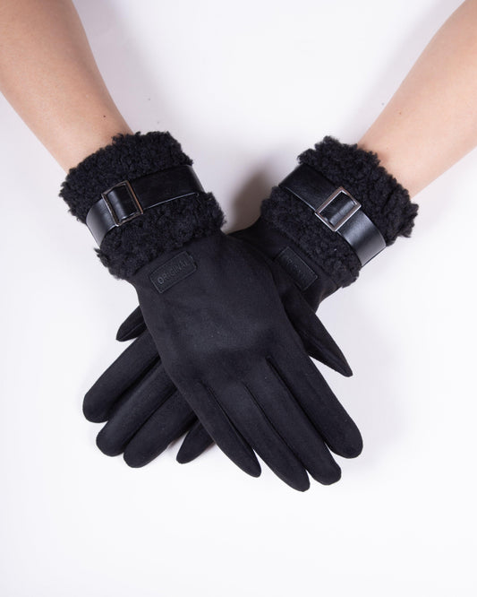 Faux Suede Gloves w/ Faux Strap & Sherpa (TS)