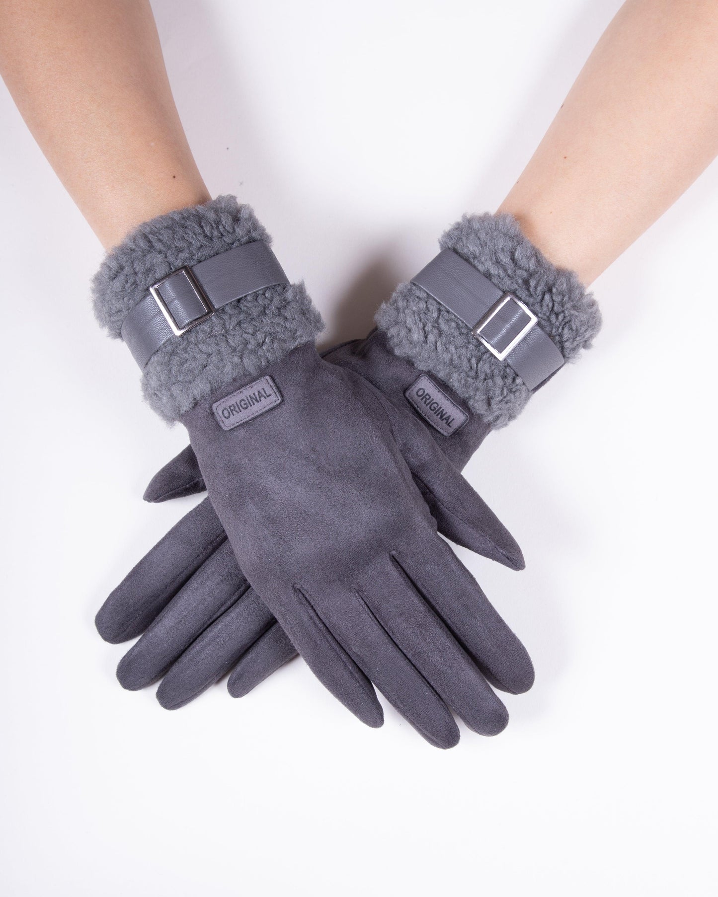 Faux Suede Gloves w/ Faux Strap & Sherpa (TS)