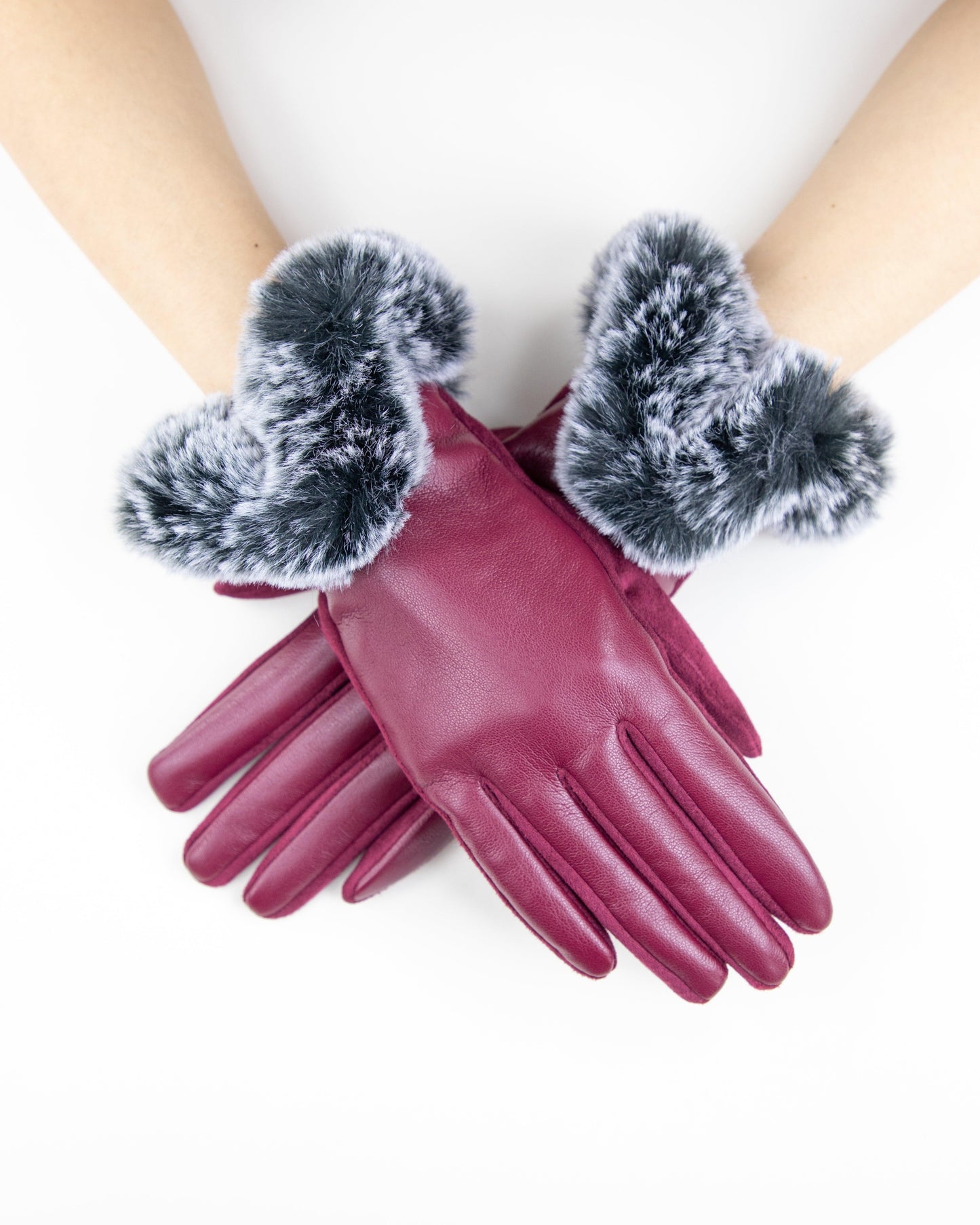 Faux Leather Gloves w/ Puffy Faux Fur Trim