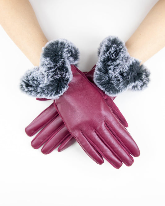 Faux Leather Gloves w/ Puffy Faux Fur Trim
