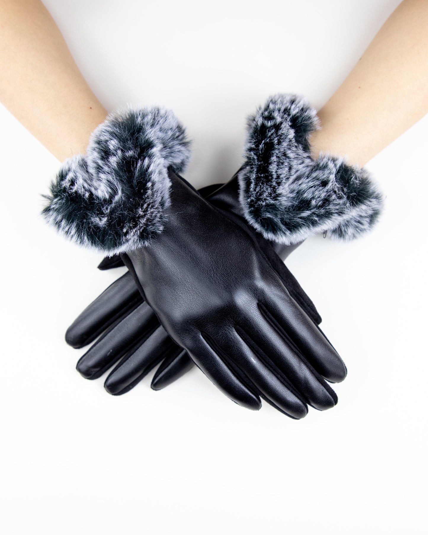 Faux Leather Gloves w/ Puffy Faux Fur Trim