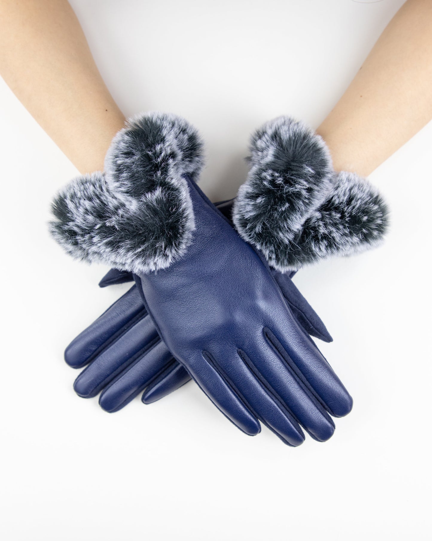 Faux Leather Gloves w/ Puffy Faux Fur Trim