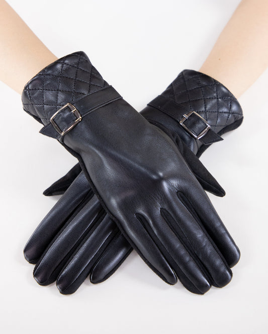 Faux Leather  Quilted Cuff and Strap Buckle Gloves