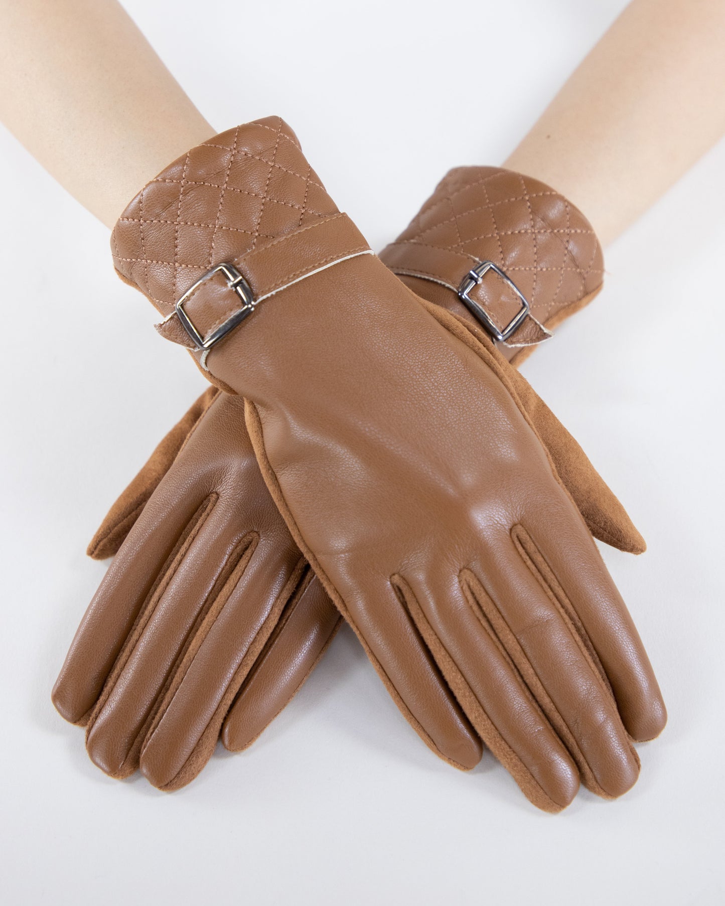 Faux Leather  Quilted Cuff and Strap Buckle Gloves