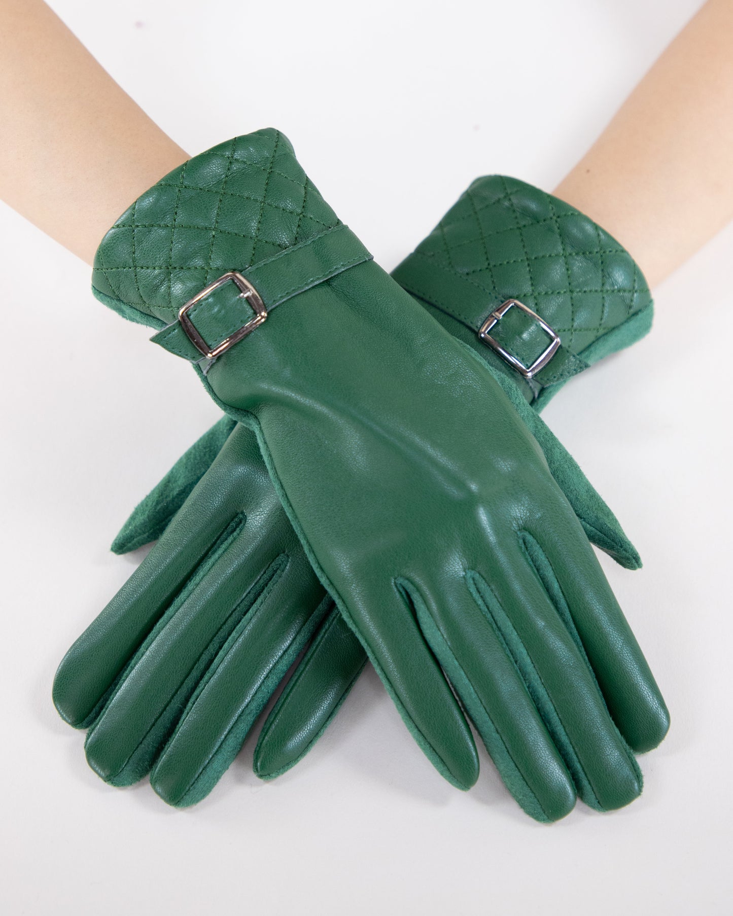 Faux Leather  Quilted Cuff and Strap Buckle Gloves
