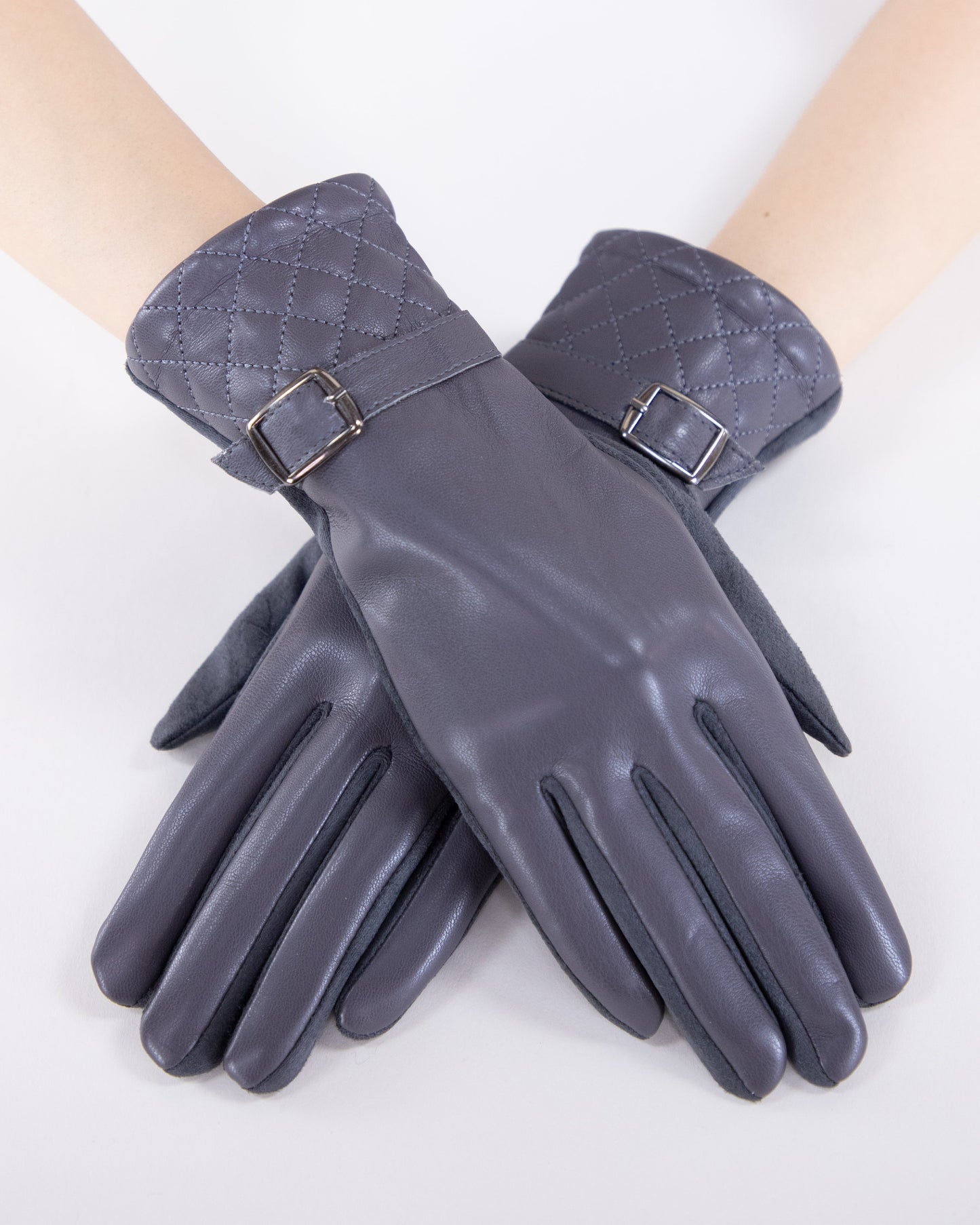 Faux Leather  Quilted Cuff and Strap Buckle Gloves