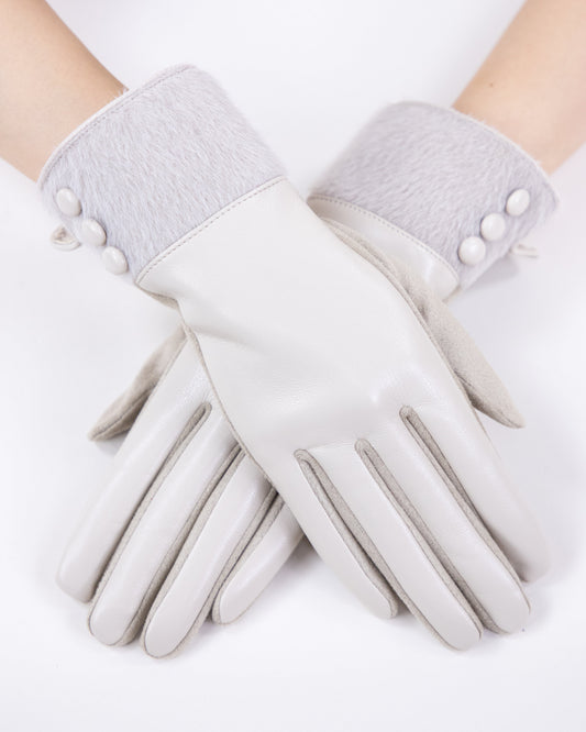Faux Leather Velvet Cuff and Button Gloves