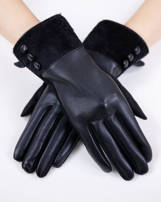 Faux Leather Velvet Cuff and Button Gloves