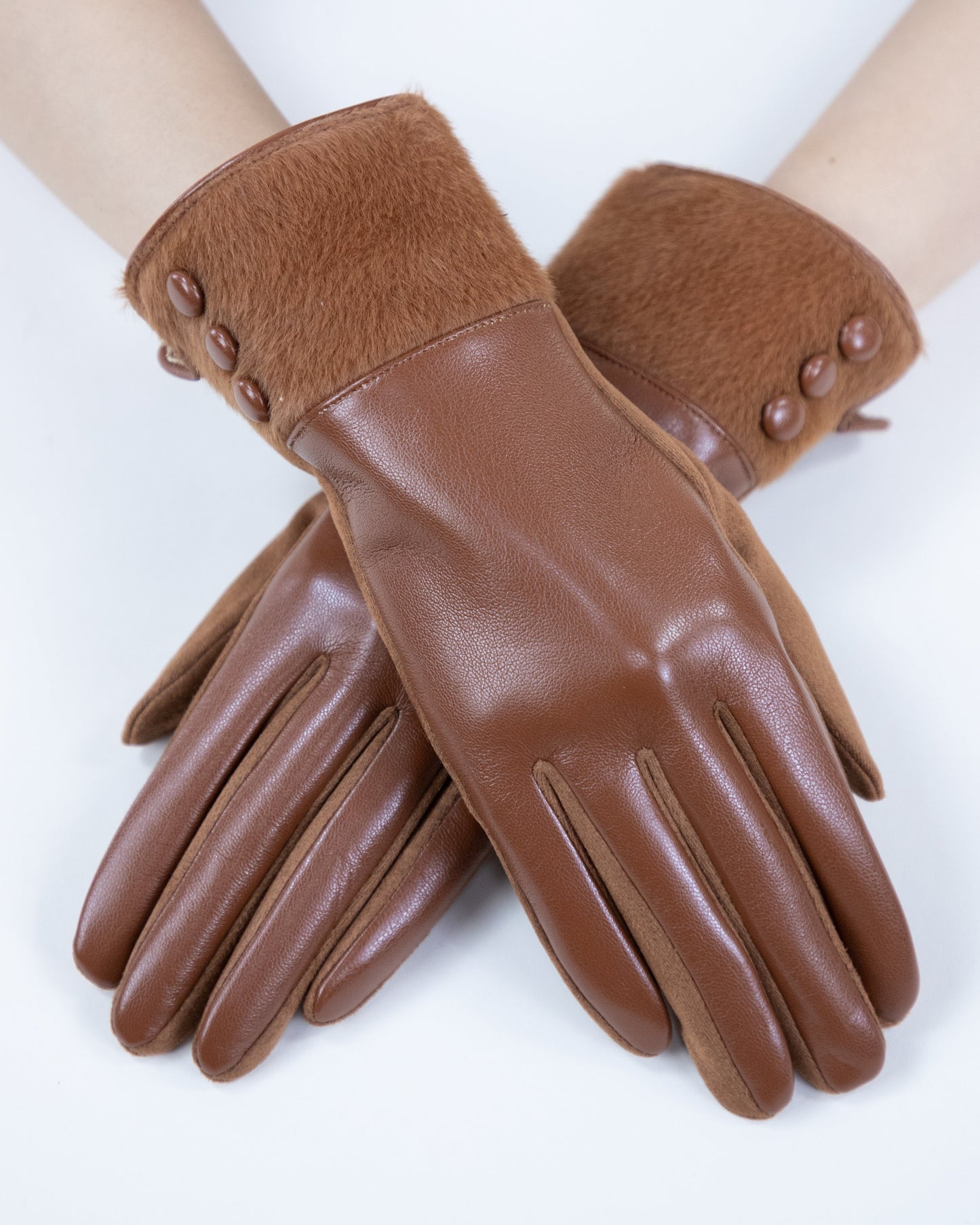 Faux Leather Velvet Cuff and Button Gloves